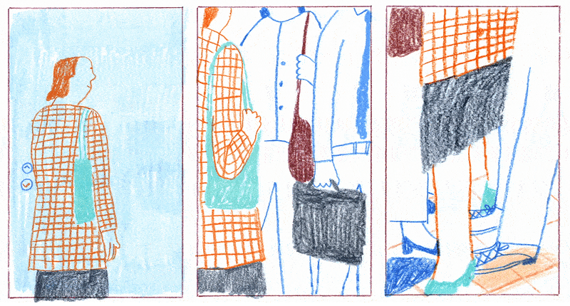 Person with an aqua tote bag waits by an elevator as others, holding briefcases and shoulder bags, exit.