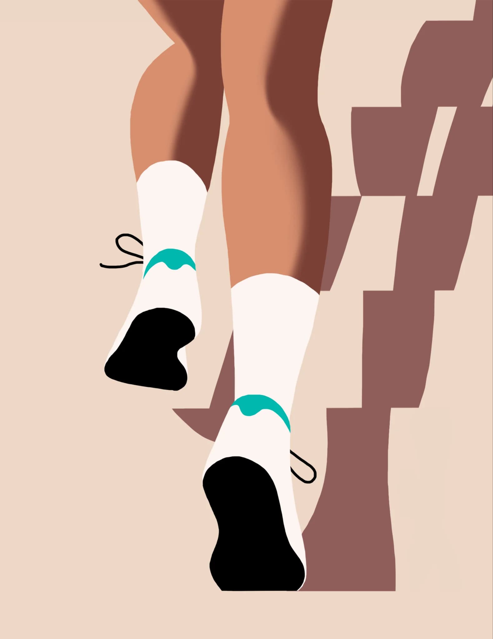 Close-up of legs walking up stairs. The sneakers and socks are white with teal accents.
