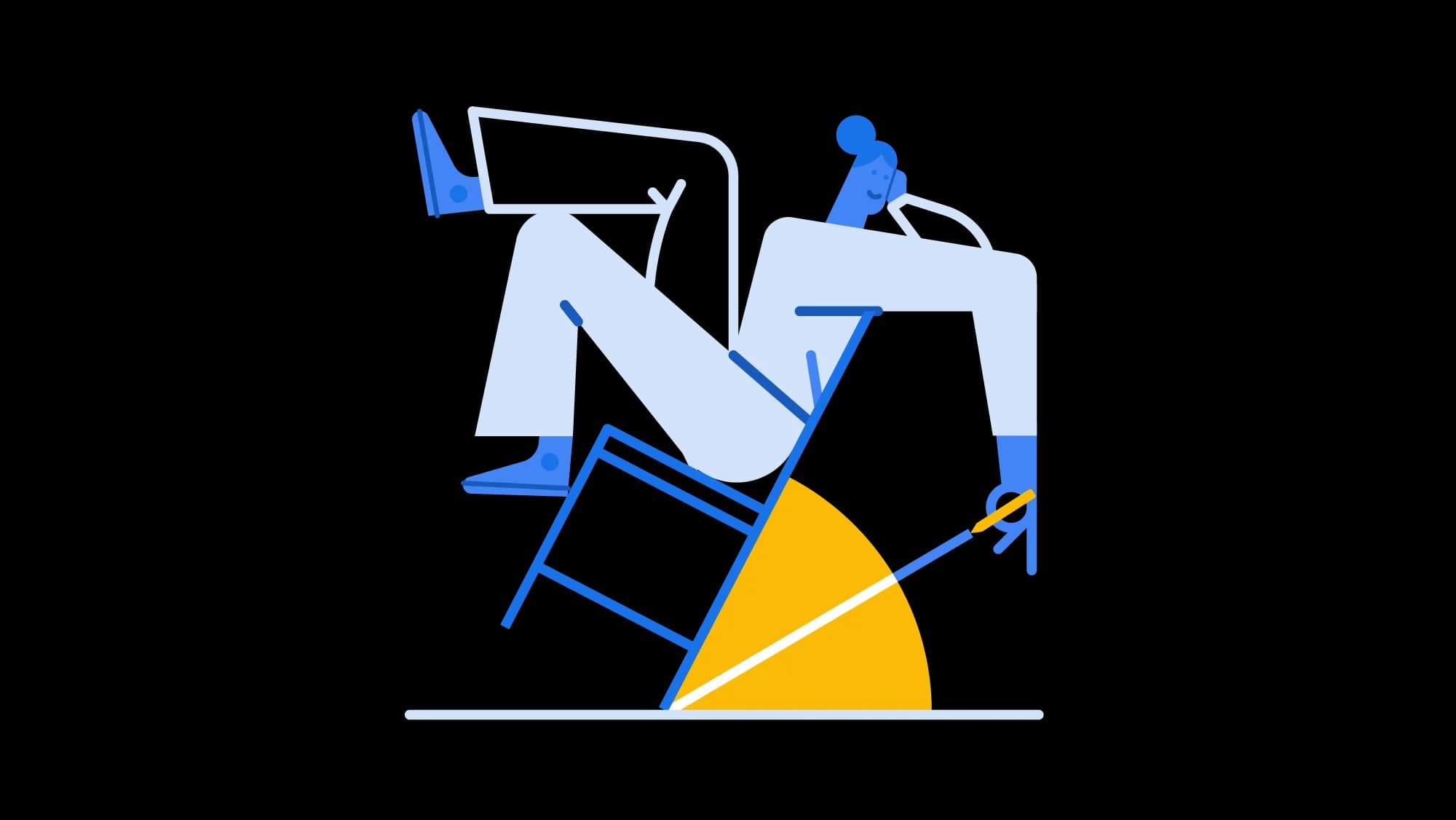 Person relaxing in a tilted chair uses their finger to draw the angle of the chair's tilt.