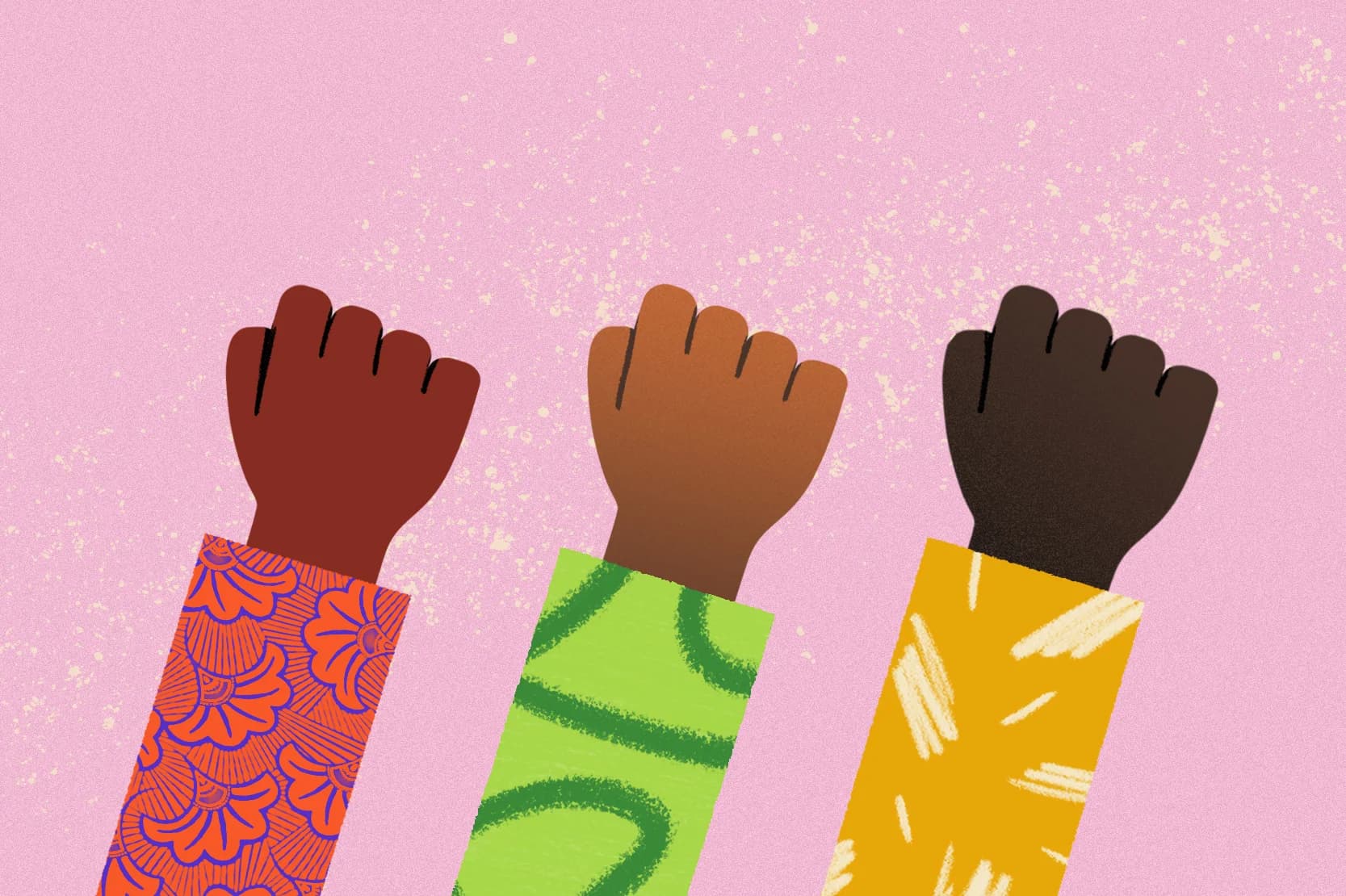 Three raised fists on a textured pink background.