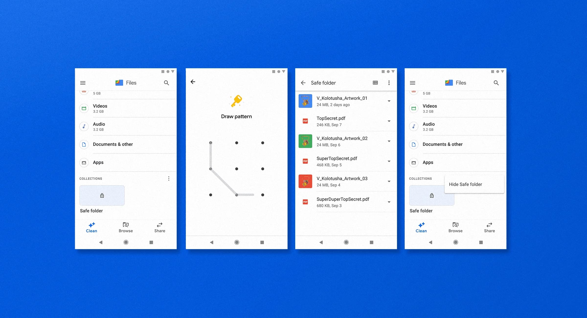 Four screenshots show how to access and view files in a secure folder on a phone using the Files by Google app.