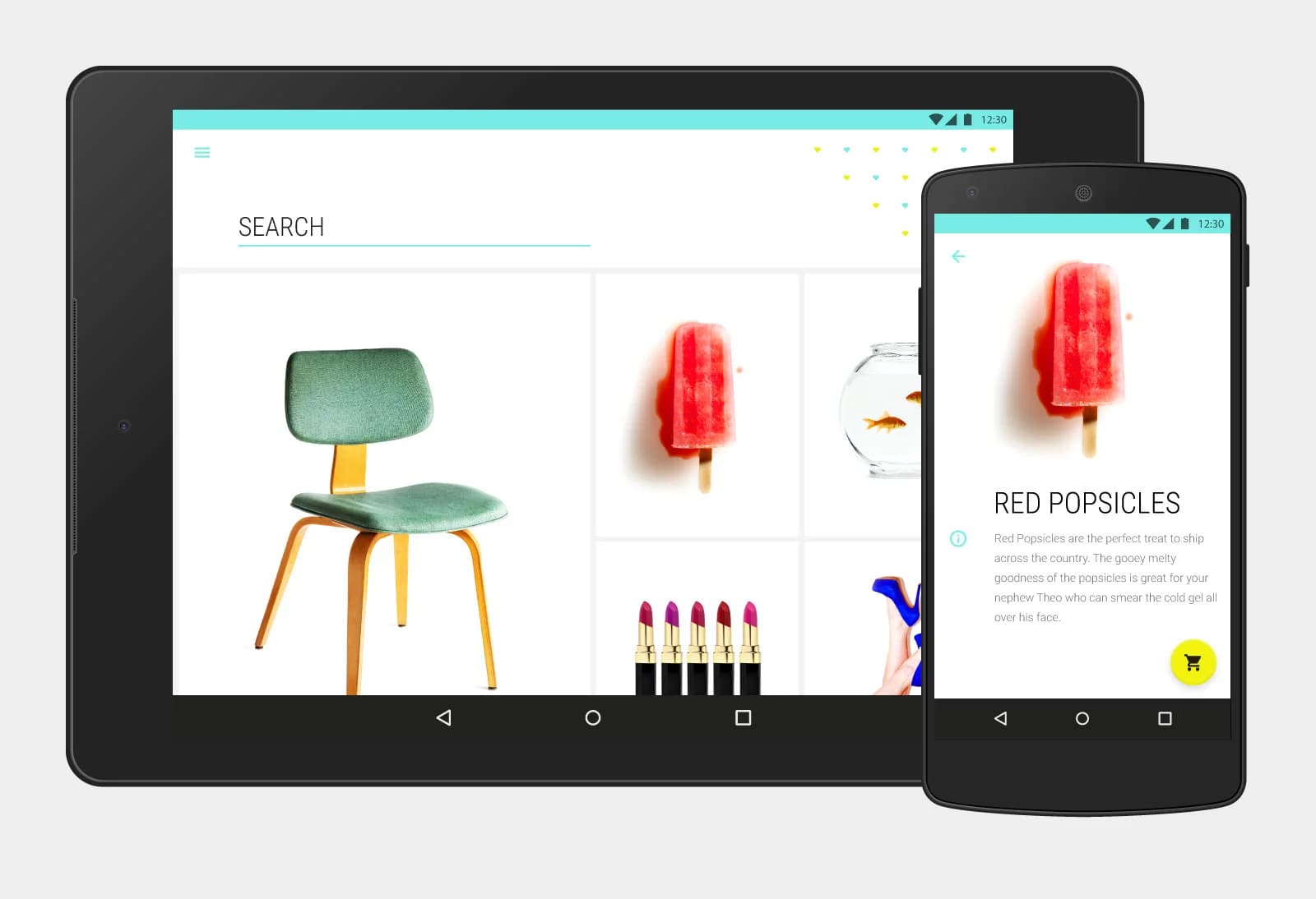 Tablet and phone display an online shop with product photos of a chair, popsicle, fishbowl, lipsticks, and heels.