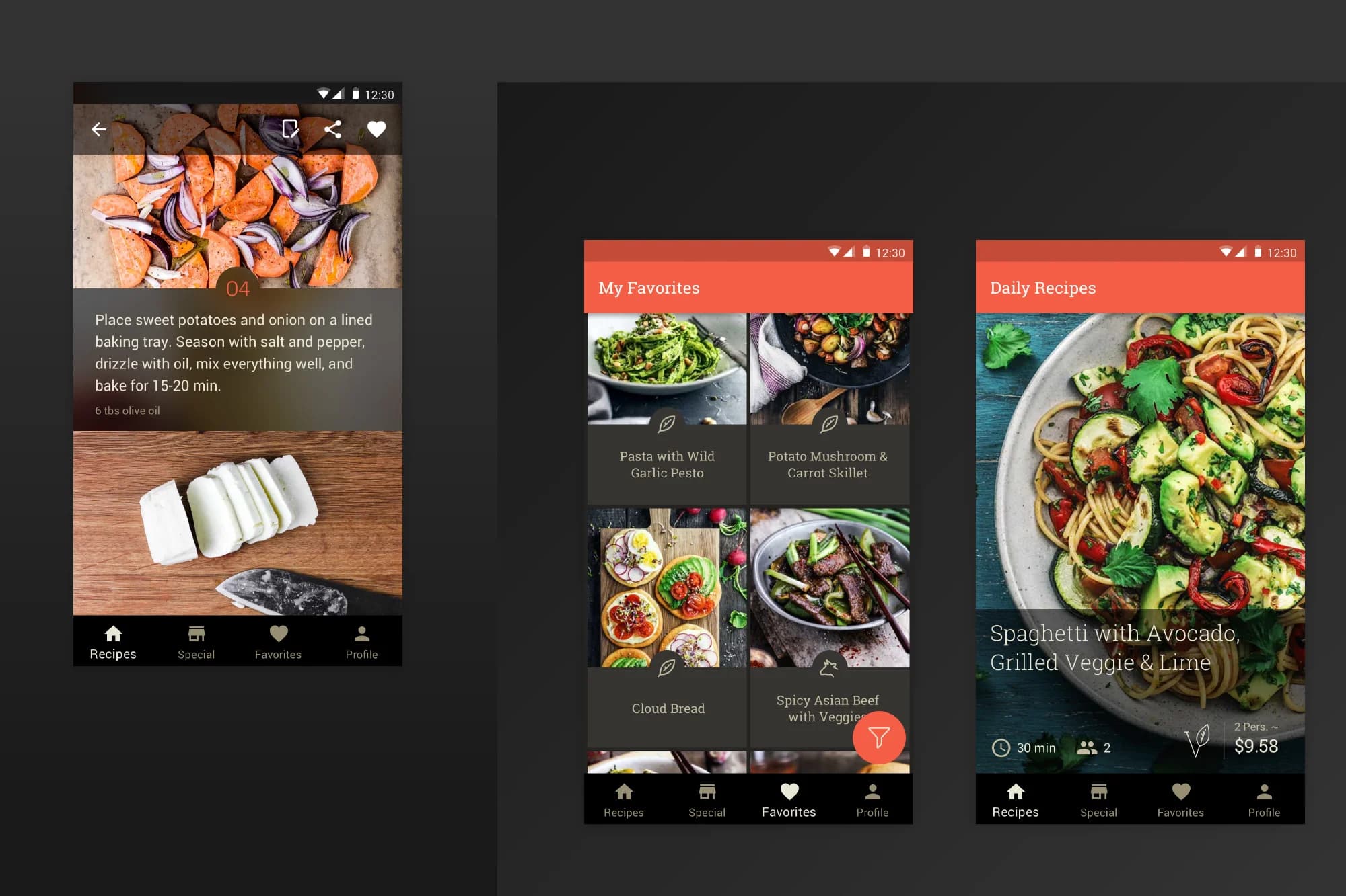Three screenshots of a recipe app. The first shows sweet potato prep. The second displays favorite recipes. The third features a daily recipe for spaghetti with avocado.
