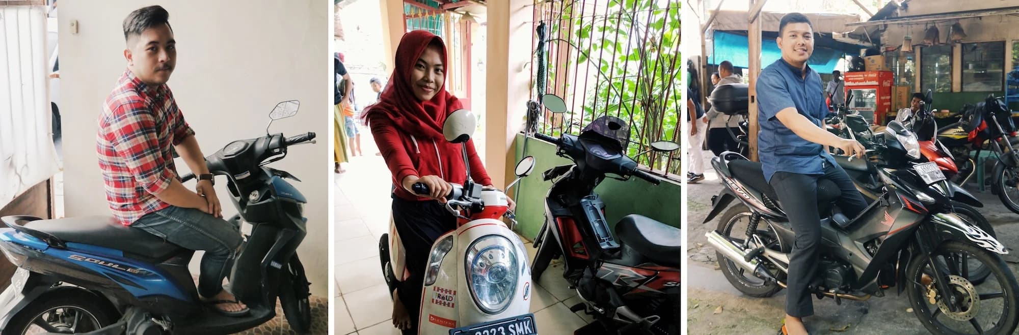 Three people pose with their scooters. A man in plaid sits on a blue Yamaha. A woman in a red hijab sits on a white scooter. Another man sits on a black Honda.
