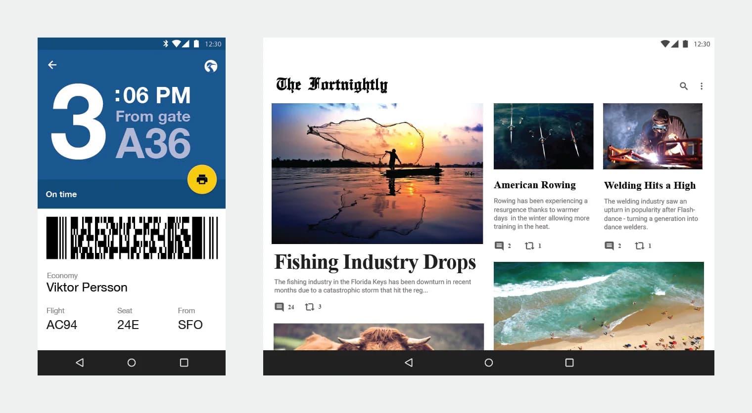 Left: Phone displays digital airline ticket. Right: Phone displays online news magazine with articles on fishing, rowing, and welding.