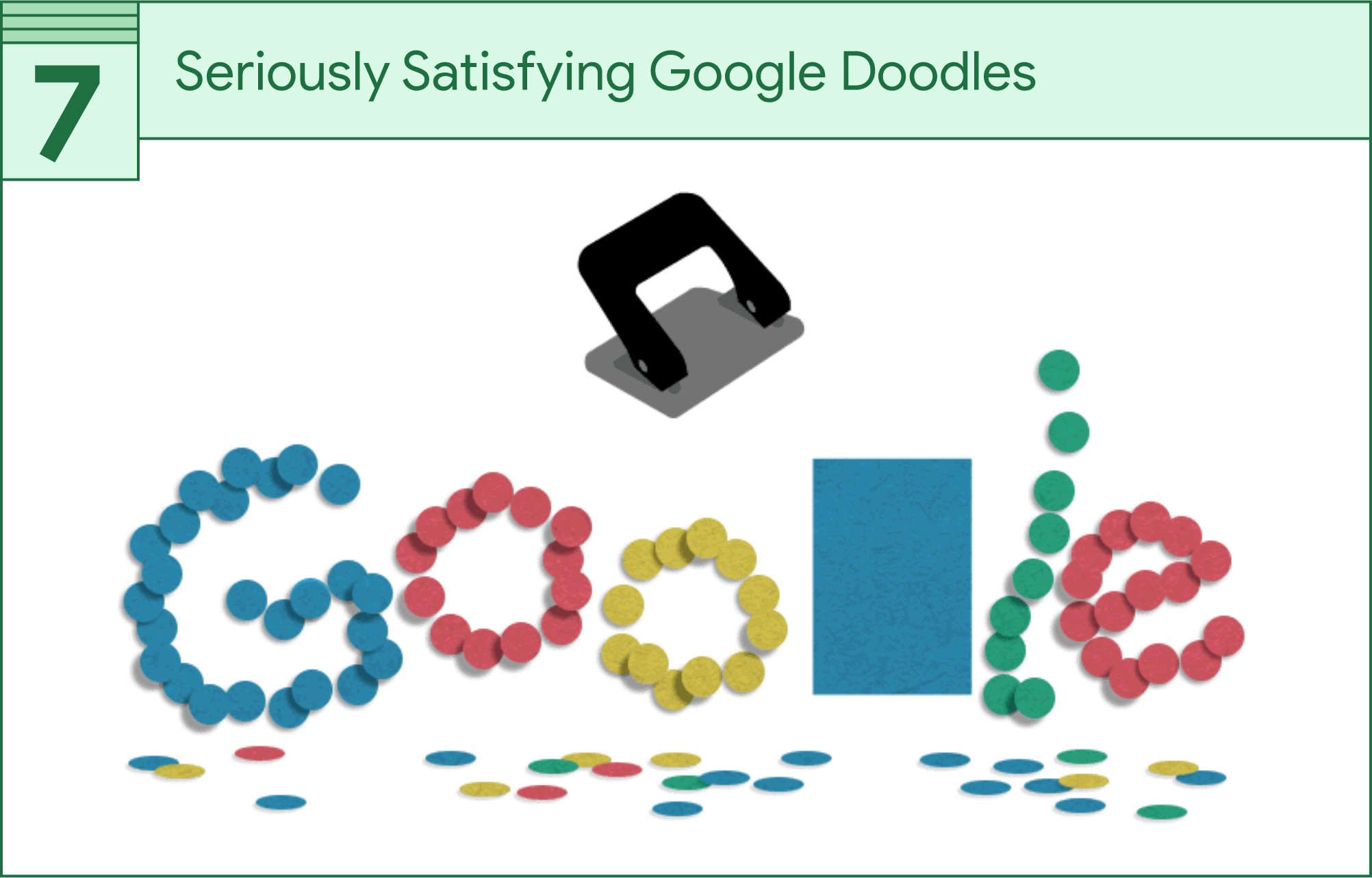 Confetti dots form the Google logo. A hole punch is positioned above the logo, implying the confetti was just punched.
