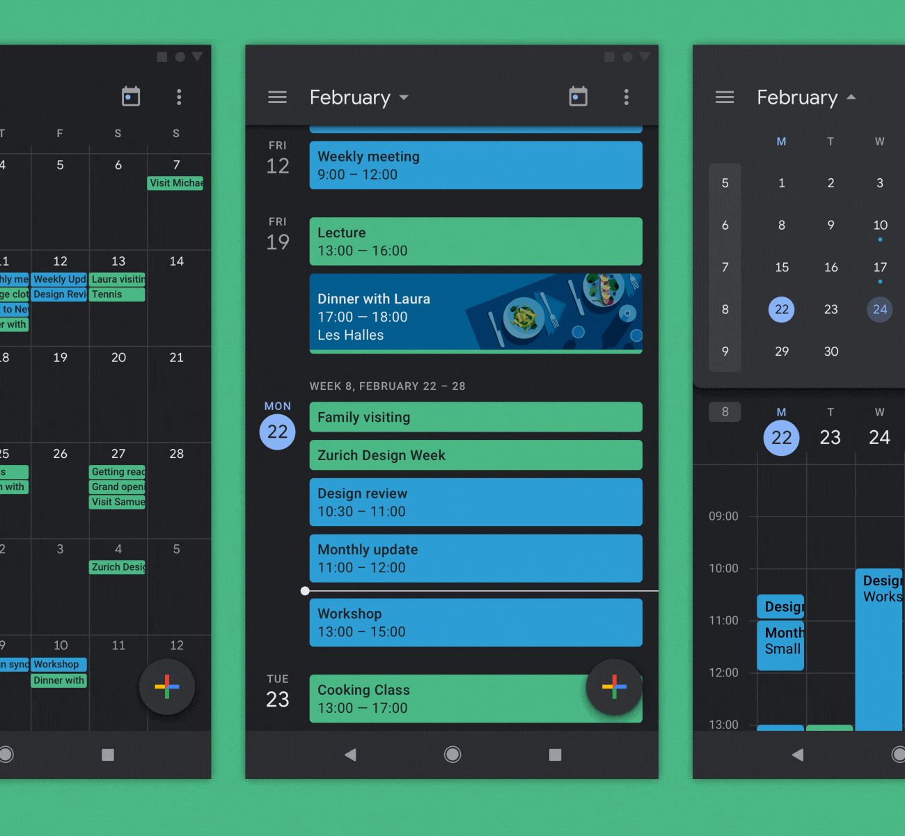 Three dark-themed calendar app screens display February events.