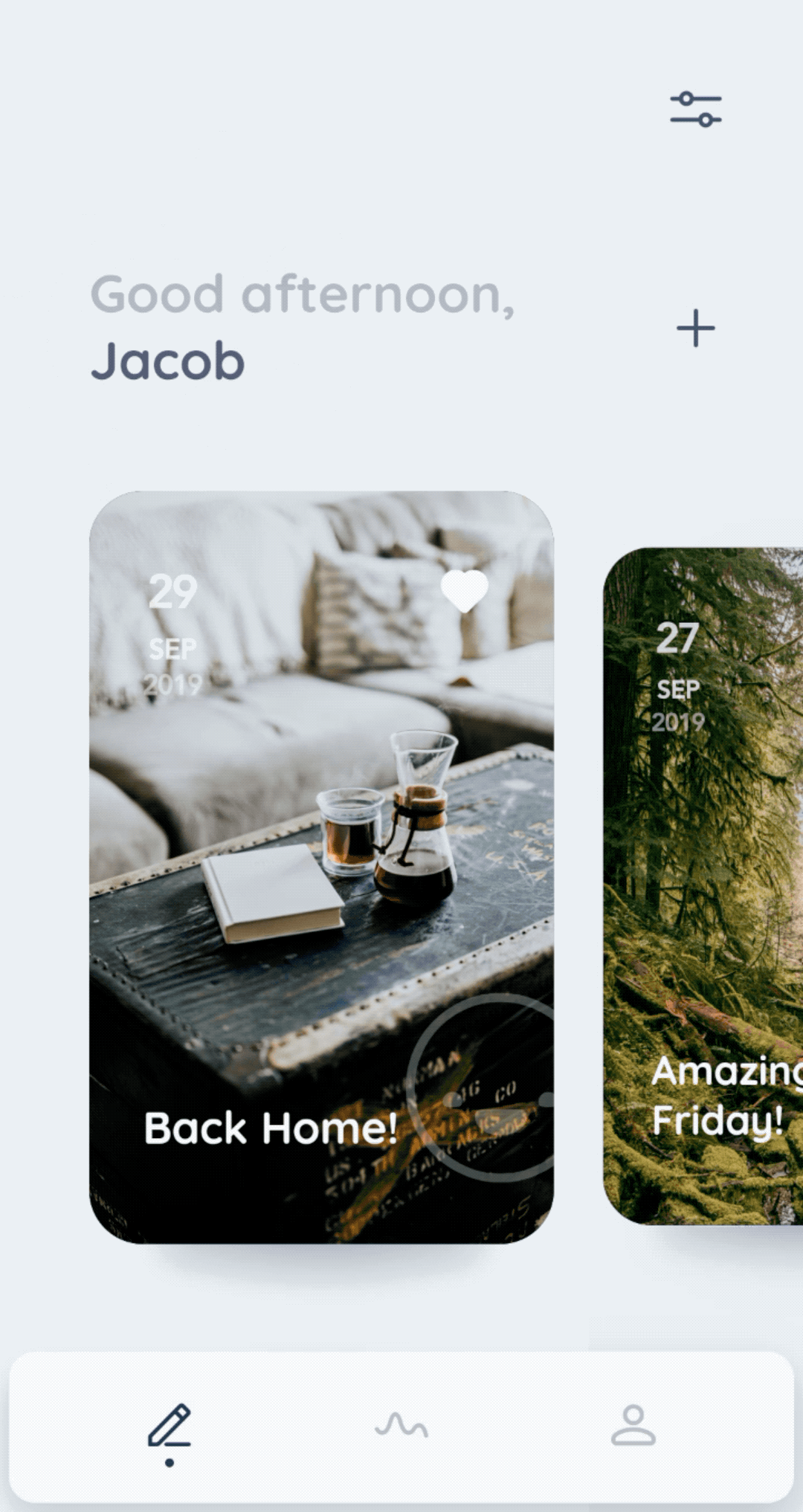 Cozy home scene with coffee, book, and couch; second image shows lush green forest. Both images dated Sept. 2019.