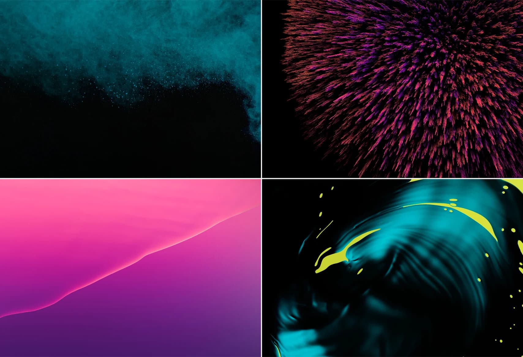 Four vibrant, abstract backgrounds. Top left: teal dust cloud. Top right: magenta, purple, and orange firework. Bottom left: pink and purple gradient. Bottom right: teal and lime paint swirl.