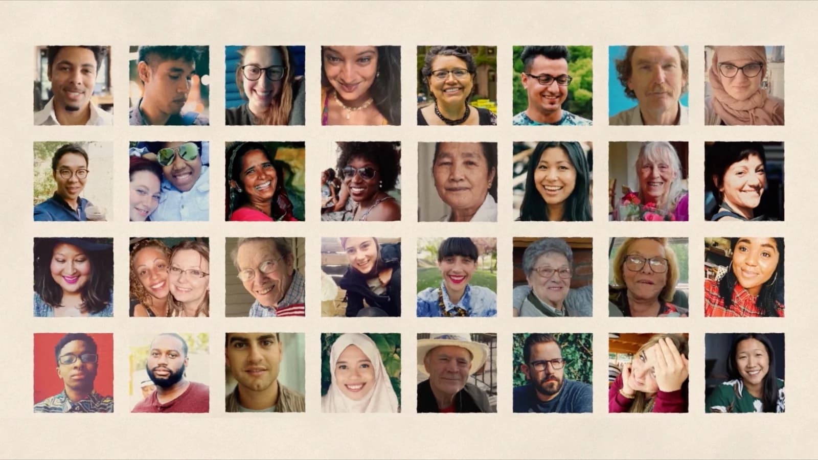 Grid of photos featuring diverse individuals and couples of varying ages, ethnicities, and genders, smiling and looking at the camera.