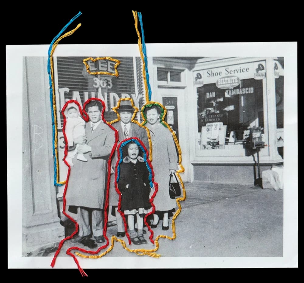 Sepia photo of five people posed outside a laundry and shoe service shop. Figures are playfully outlined with colorful embroidery thread.