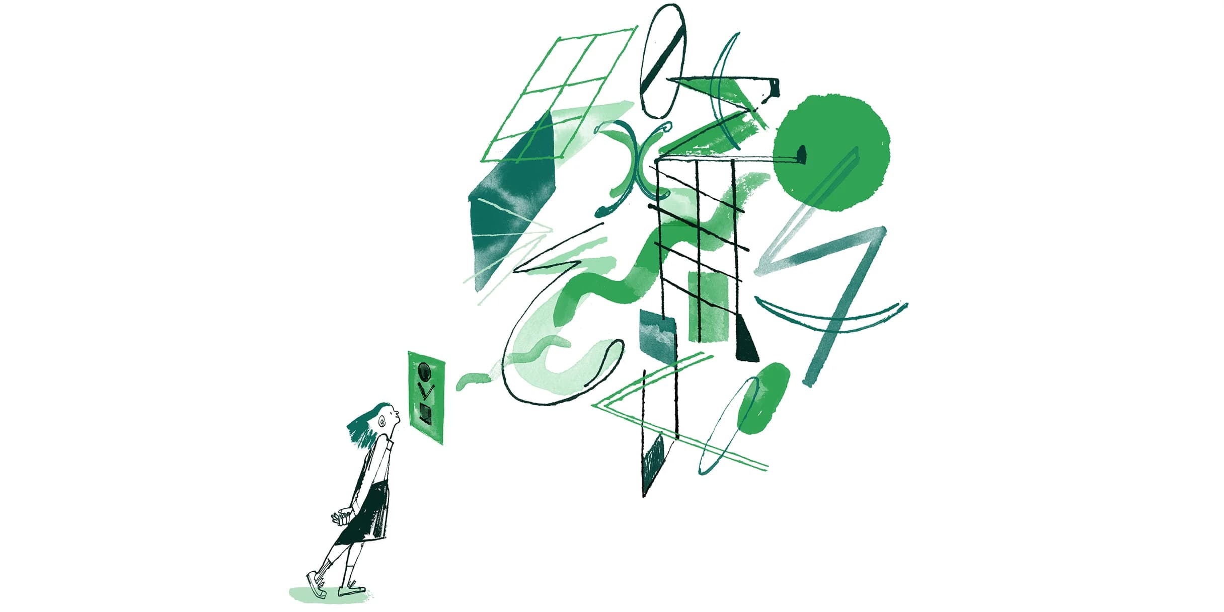 Girl gazes at green abstract shapes emanating from a green tile depicting a person.