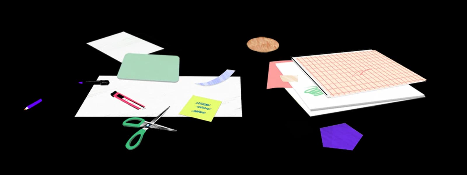 Desk with office supplies scattered across it: scissors, sticky notes, a pencil, and paper.
