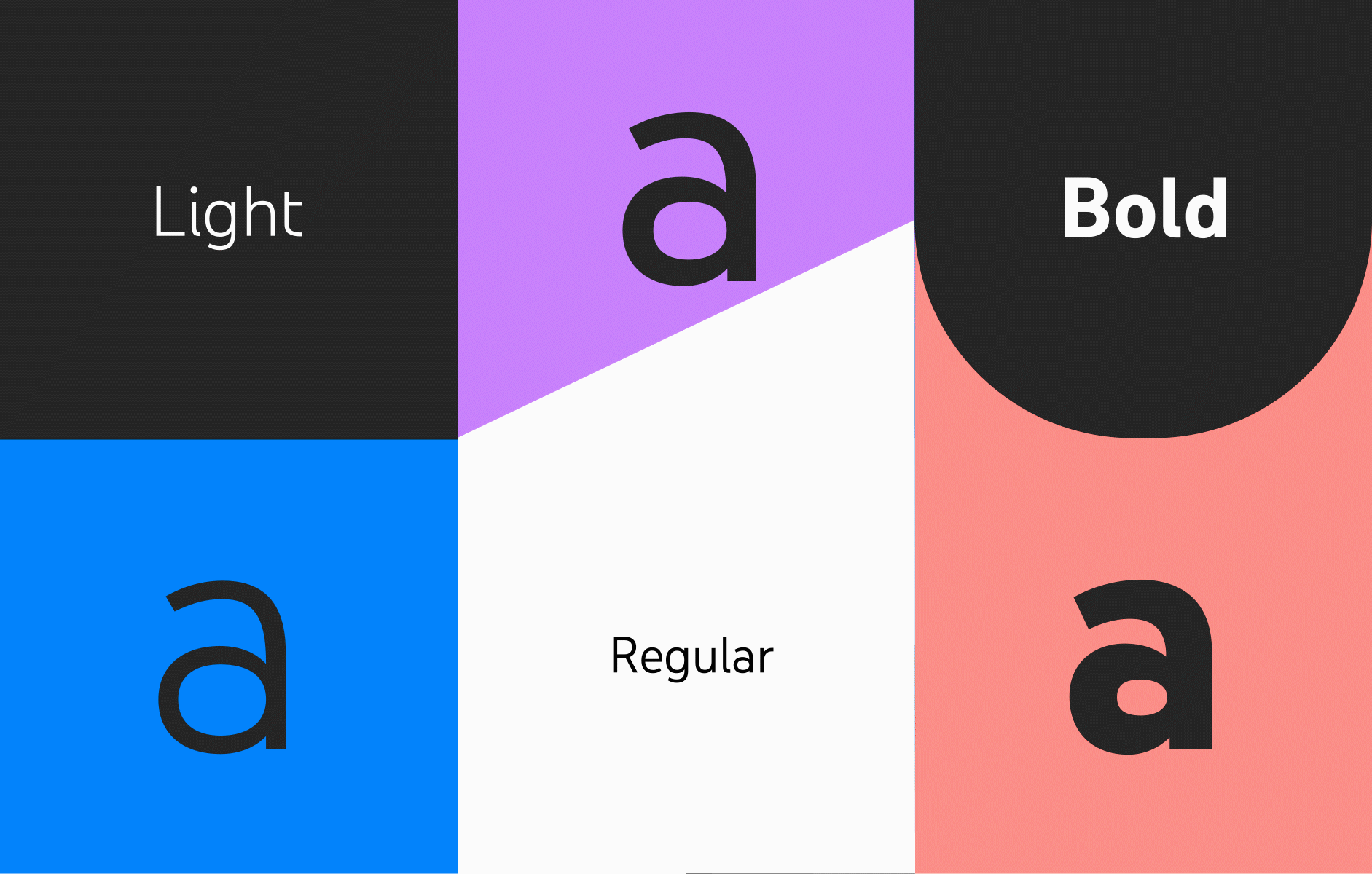 Lowercase “a” in light, regular, and bold weights shown on colorful blocks.