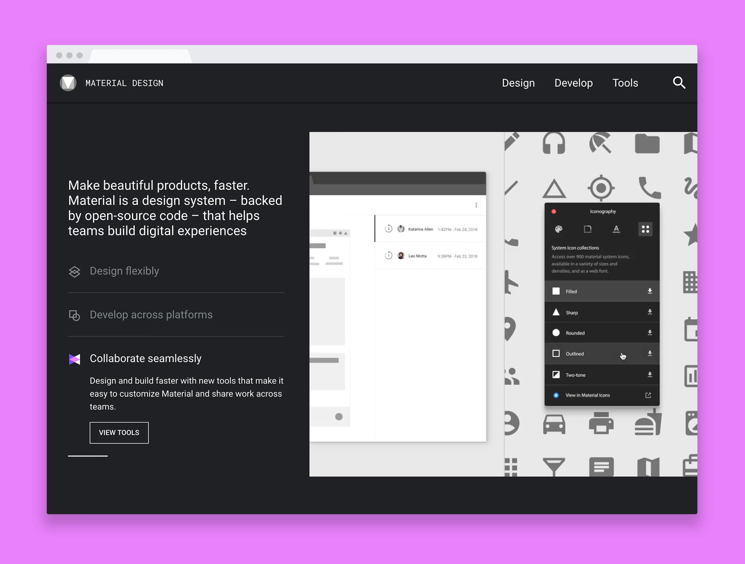 Material Design website showing tools for icons, including filled, sharp, rounded, outlined, and two-tone styles.