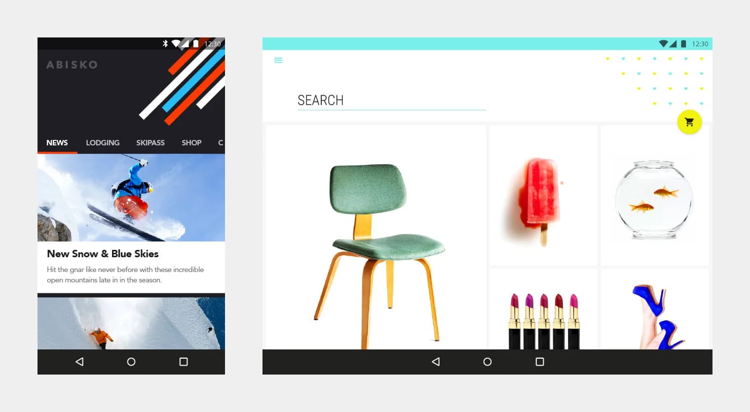 Left: Phone displays a ski resort website. Right: Another phone displays an e-commerce site featuring a chair, popsicle, fishbowl, lipsticks, and high heels.