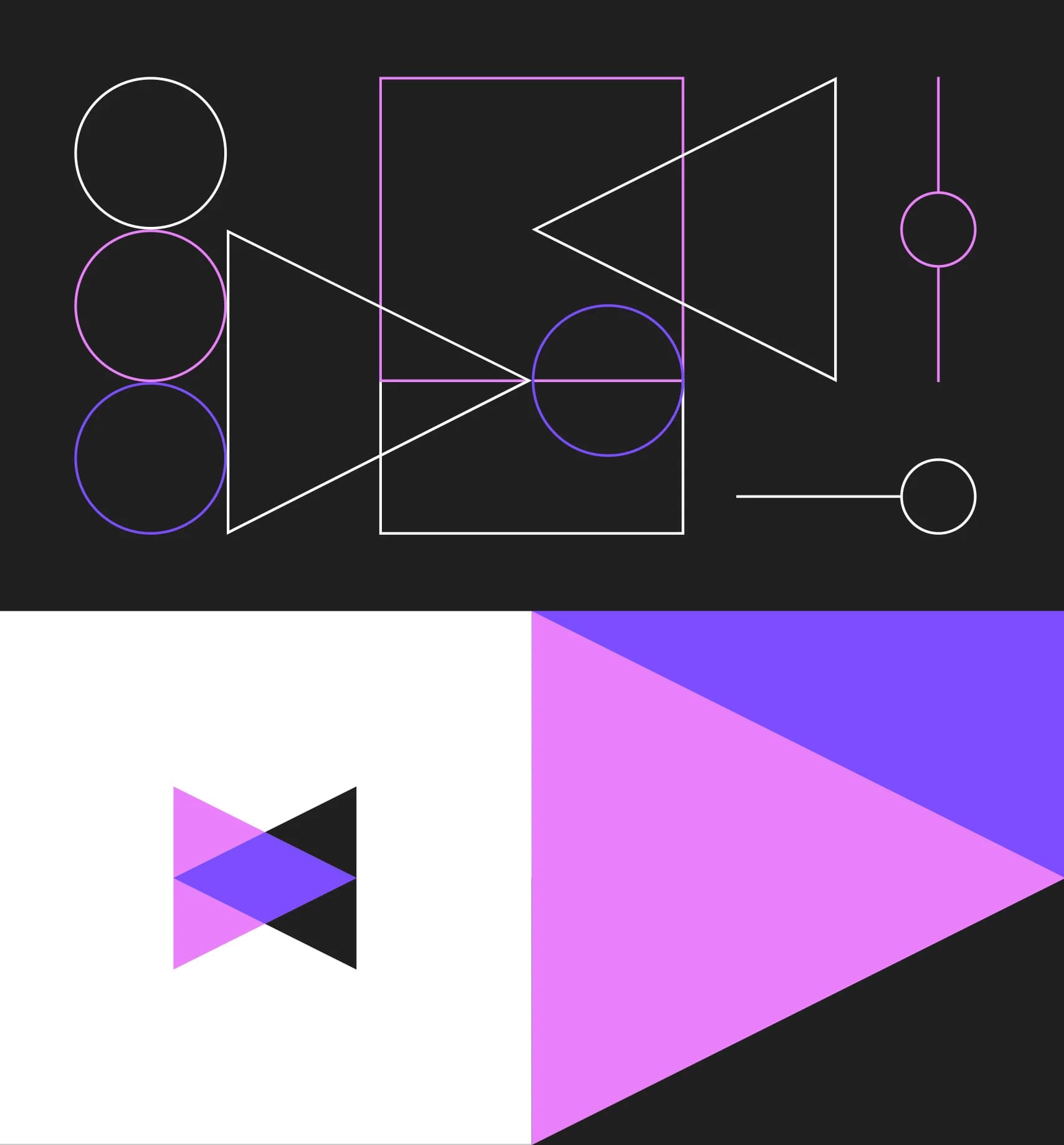 Geometric abstract with circles, triangles, lines, and a square. Pink, purple, black, and white color scheme.
