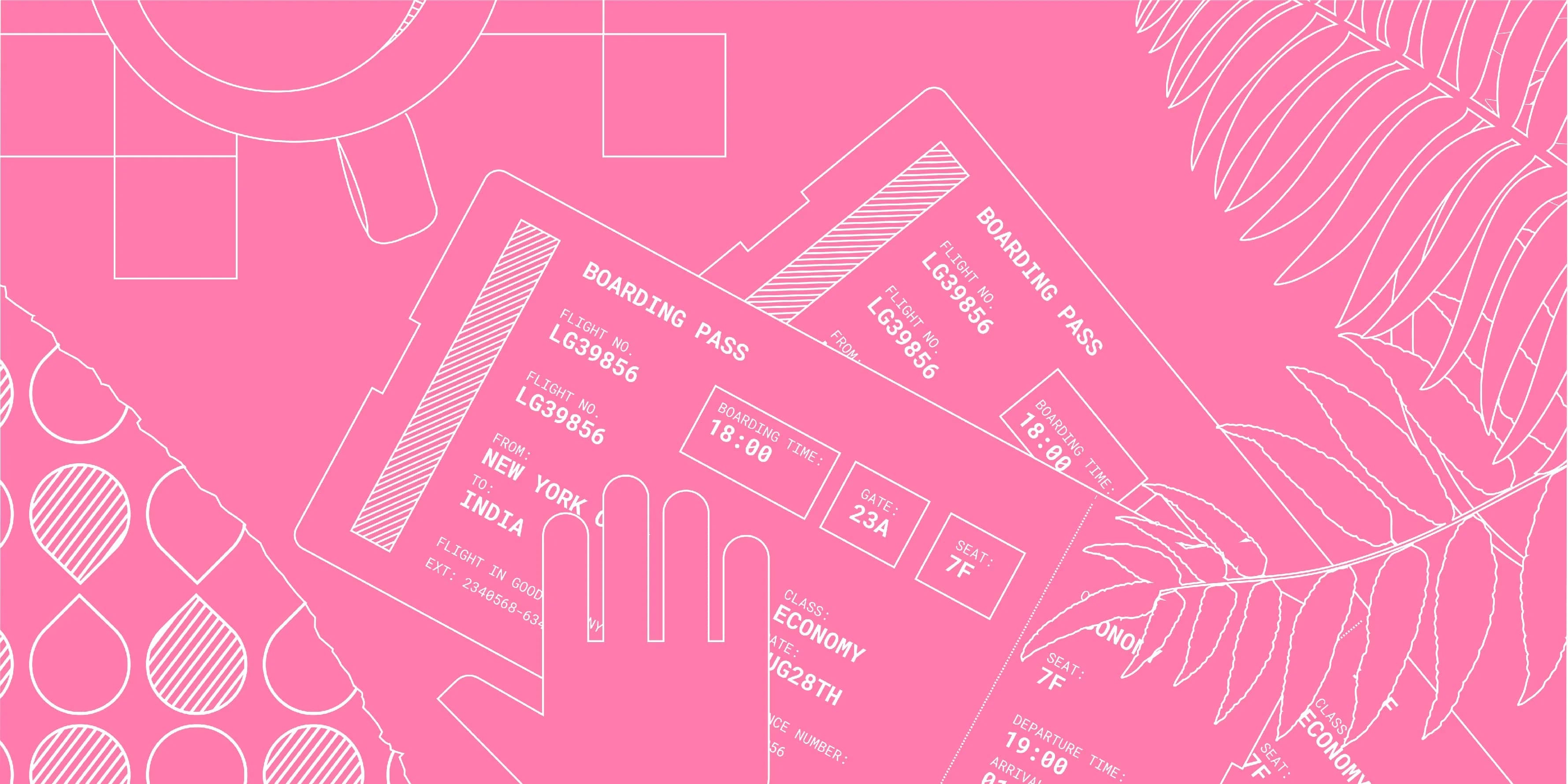White outline of a boarding pass to India from New York. Pink patterned background with leaf design.