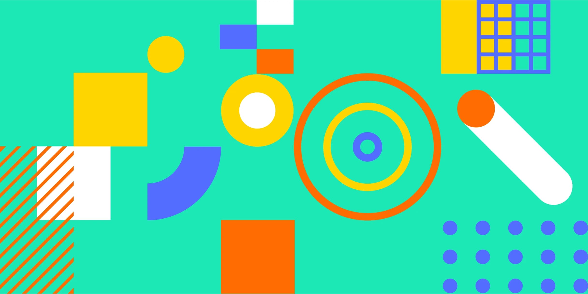 Abstract design with colorful geometric shapes, including circles, squares, and stripes, on a teal background.