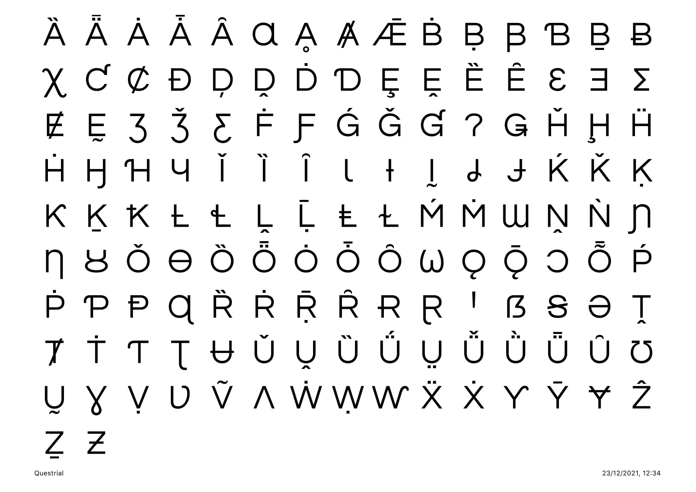 Questrial typeface glyphs, upper and lower case, featuring diacritical marks.