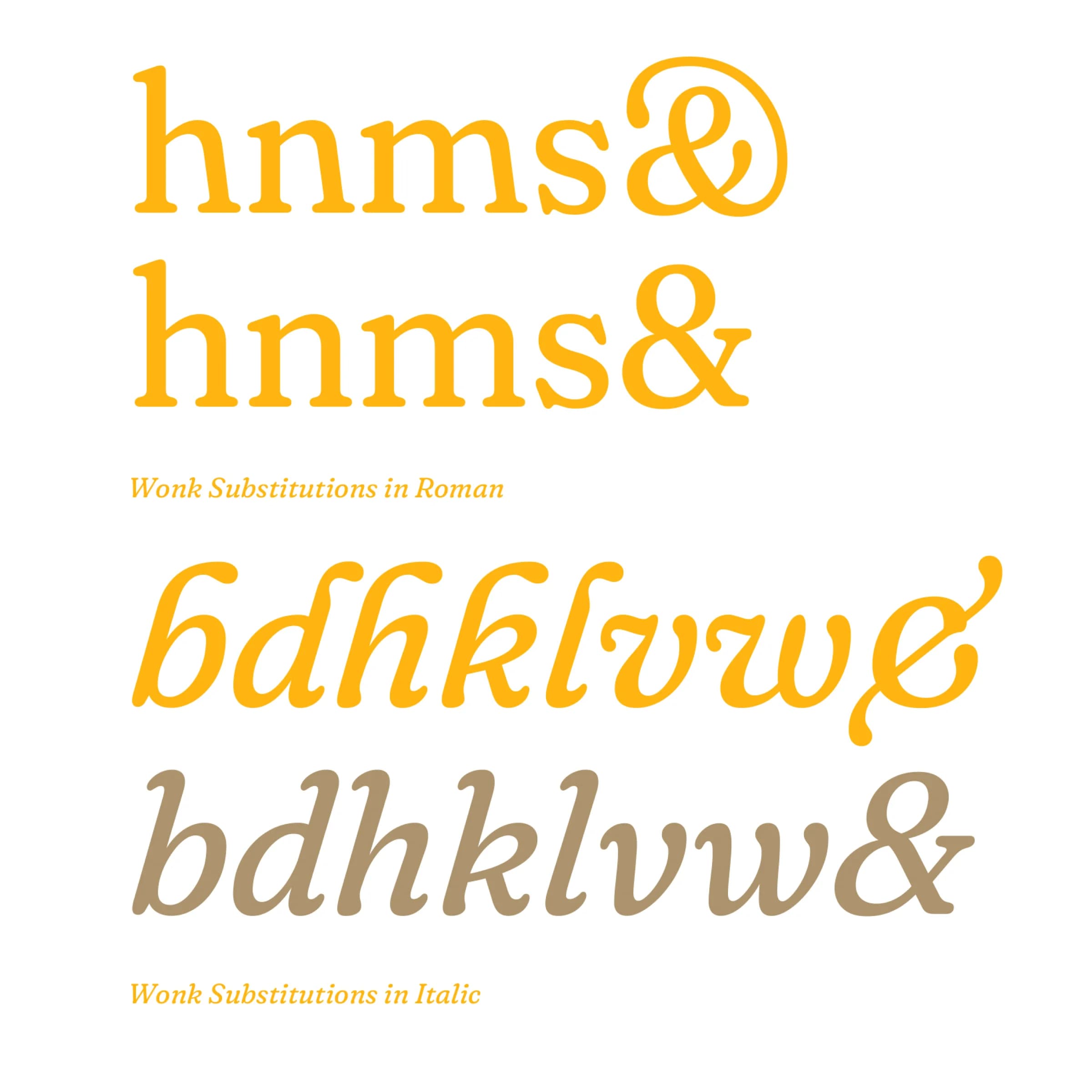 Wonk font substitutions for h, n, m, s, &, b, d, k, l, o, w, g, and an ampersand in roman and italic.