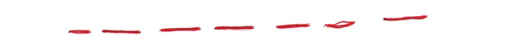 Red thread embroidery stitches of increasing length, culminating in a small loop.