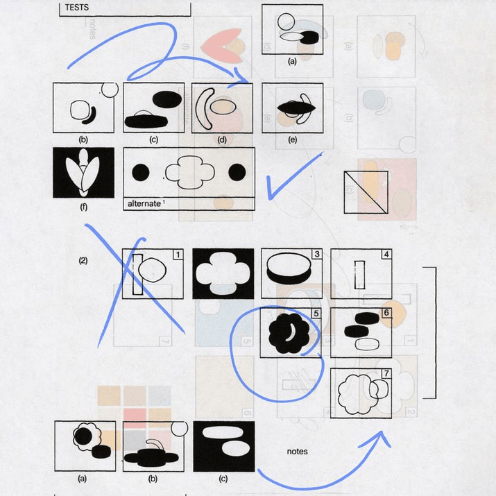 A graphic design test sheet displays various abstract black and white shapes within gridded boxes.