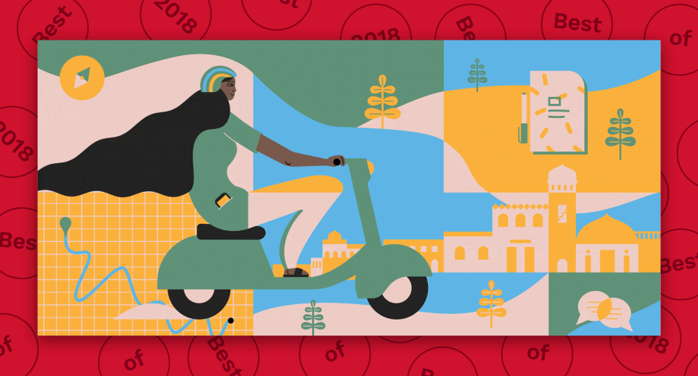 Woman on a scooter navigates a colorful, stylized map. Buildings, plants, a compass, and a notebook appear on the map.