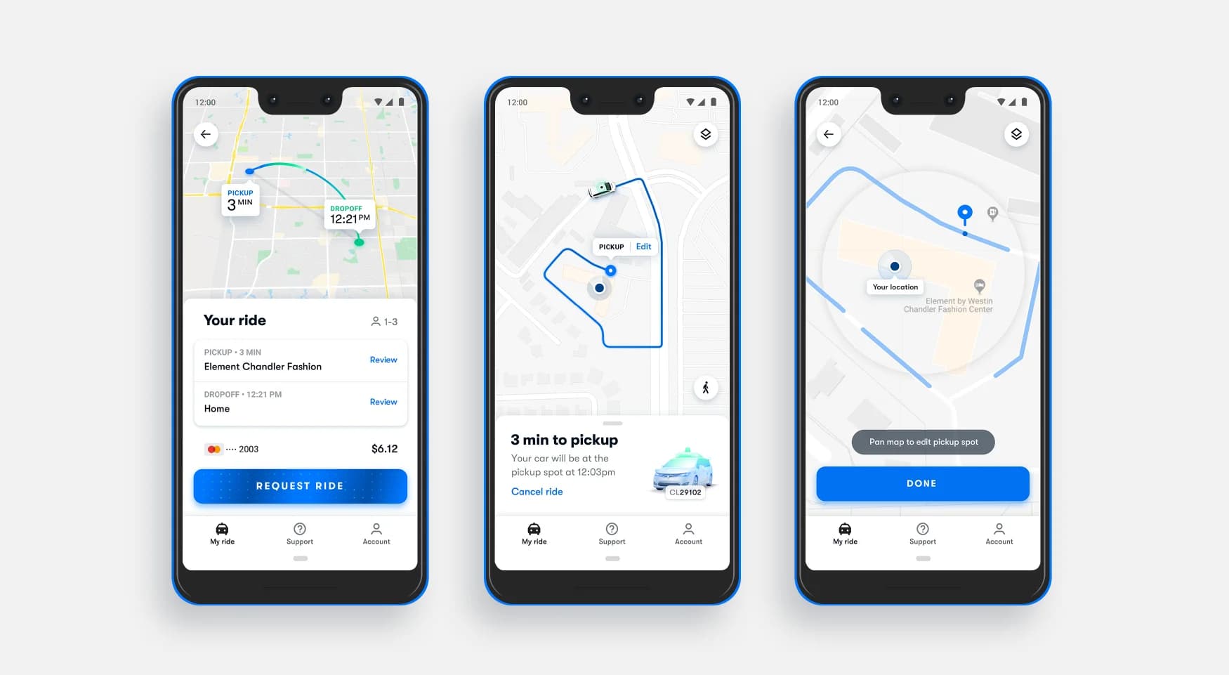 Three screens show the progression of a ride-hailing app. The first screen confirms pickup and dropoff; the second screen shows the car en route; the third screen allows pickup editing.