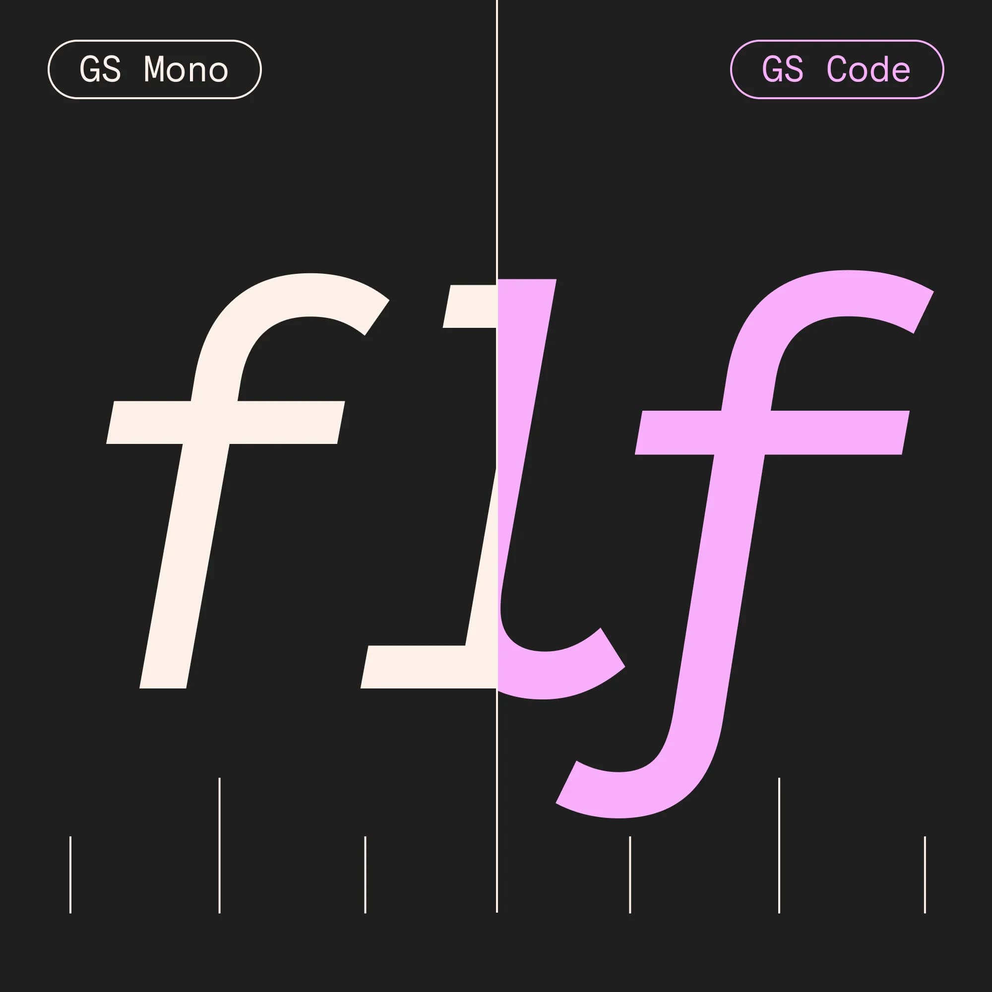 Split comparison of italicized f and l glyphs in beige GS Mono and pink GS Code, showing differences.