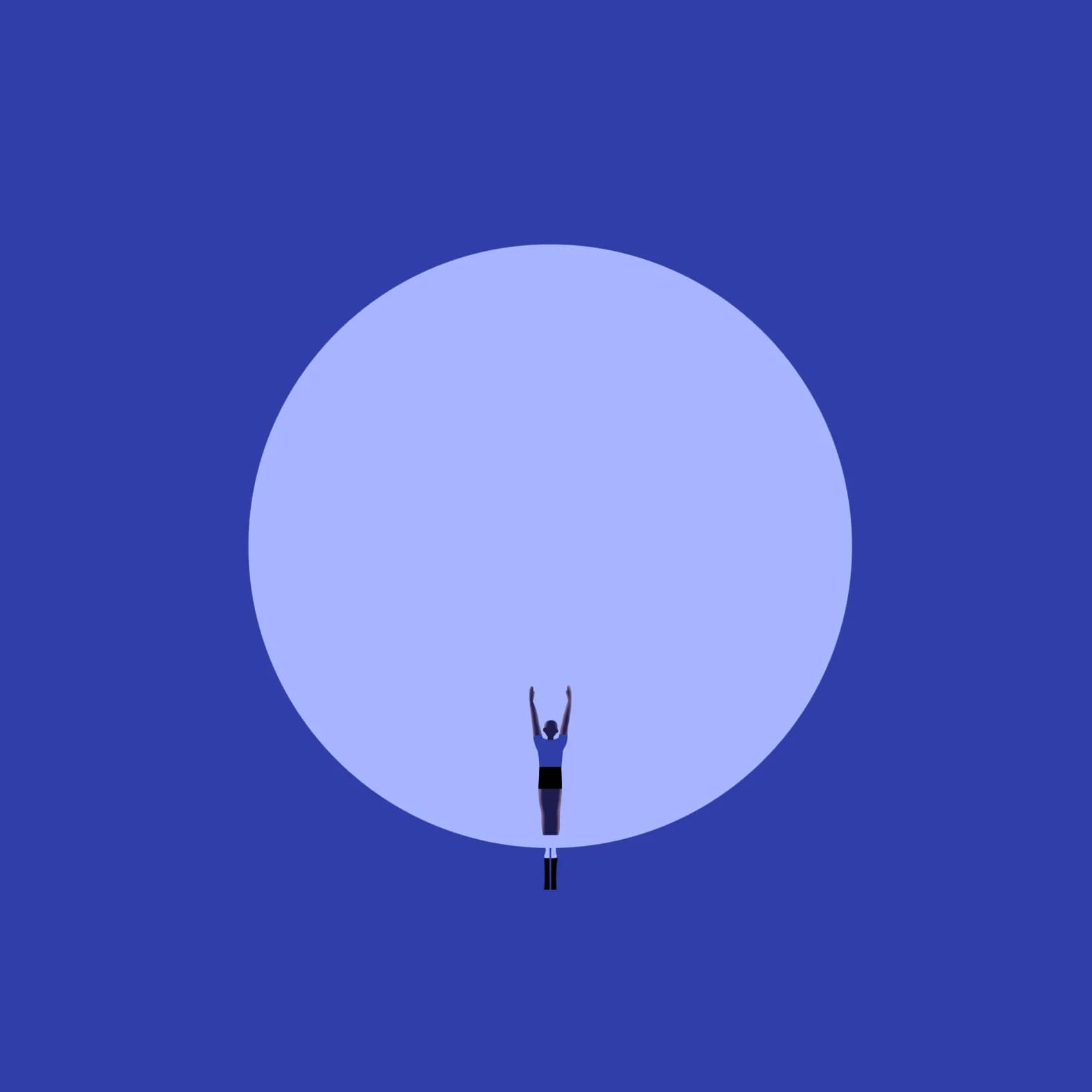 Figure with raised arms stands before large, light purple circle on a dark purple background.