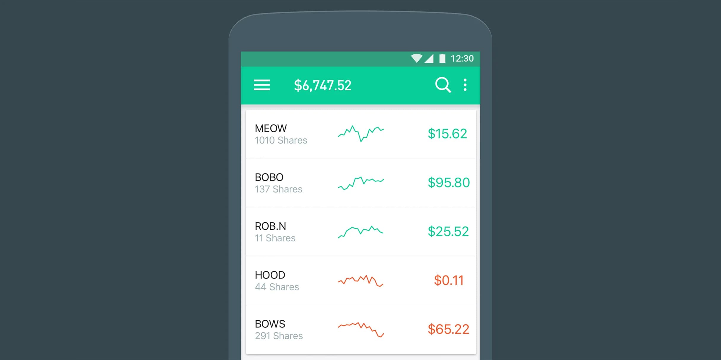 Investment app displaying a $6,747.52 balance. Holdings of stocks along with share counts and current values.