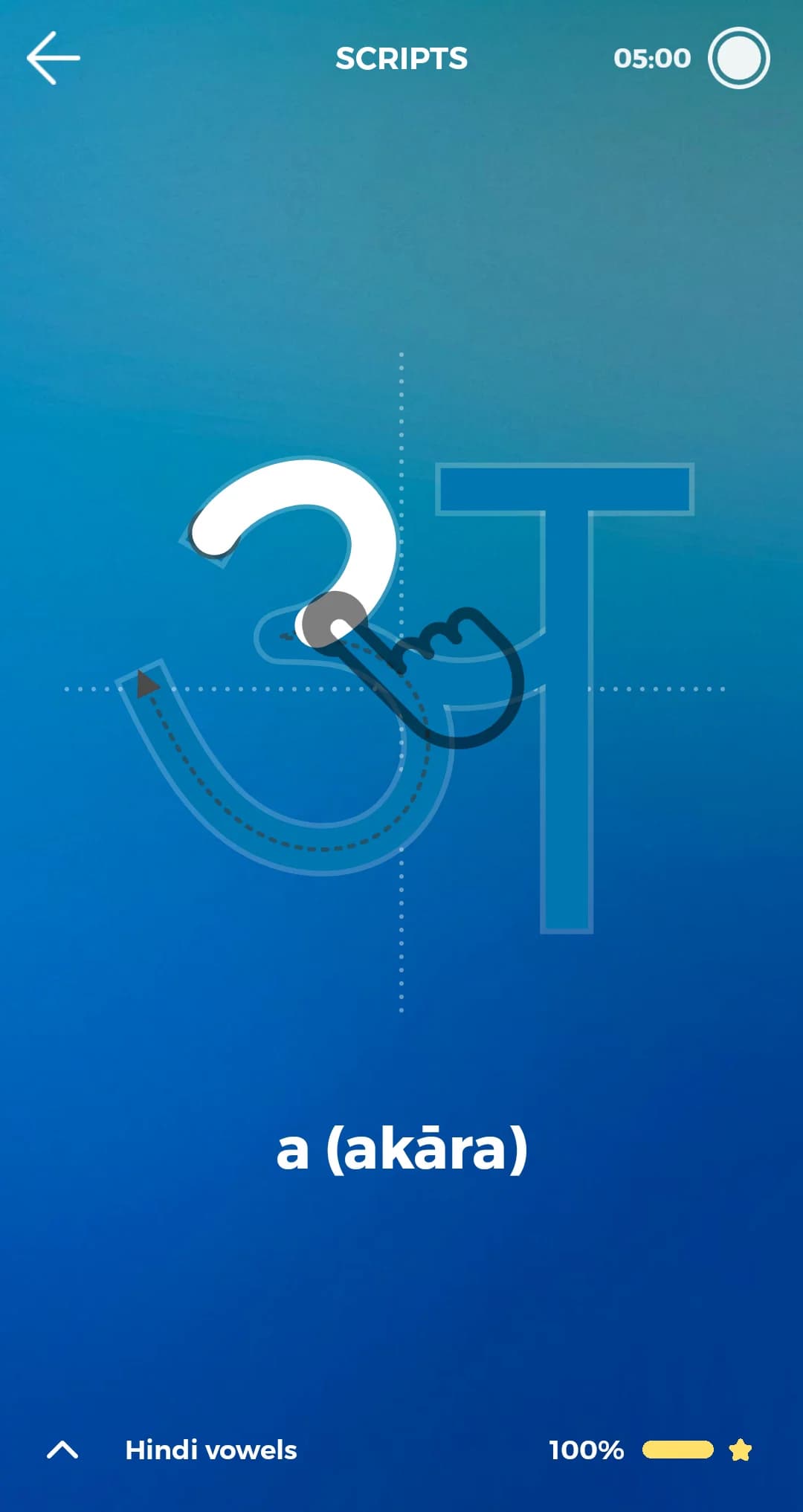 Hindi vowel अ (akāra). Animated hand demonstrates the stroke order on dotted guidelines. Progress bar shows 100%.