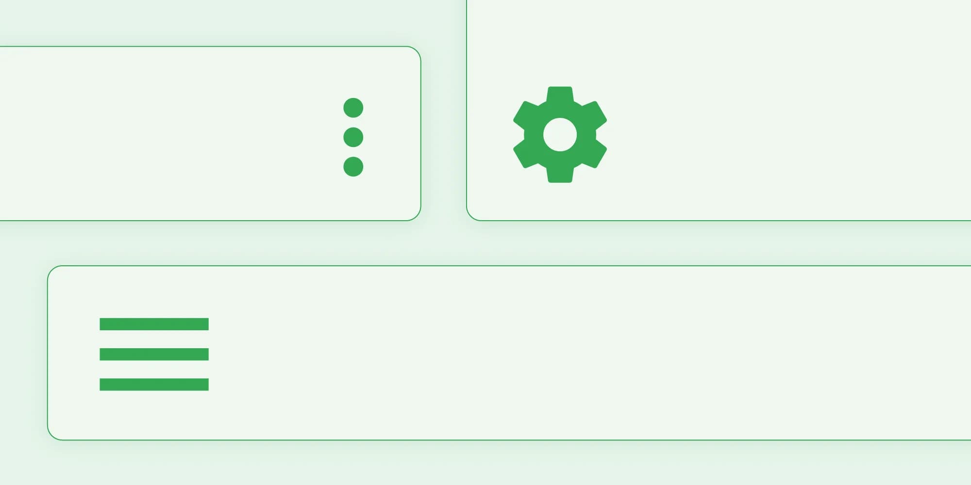 Light green rounded rectangles on a pale green background. One contains three horizontal lines, another has three vertical dots, and the third has a gear icon.