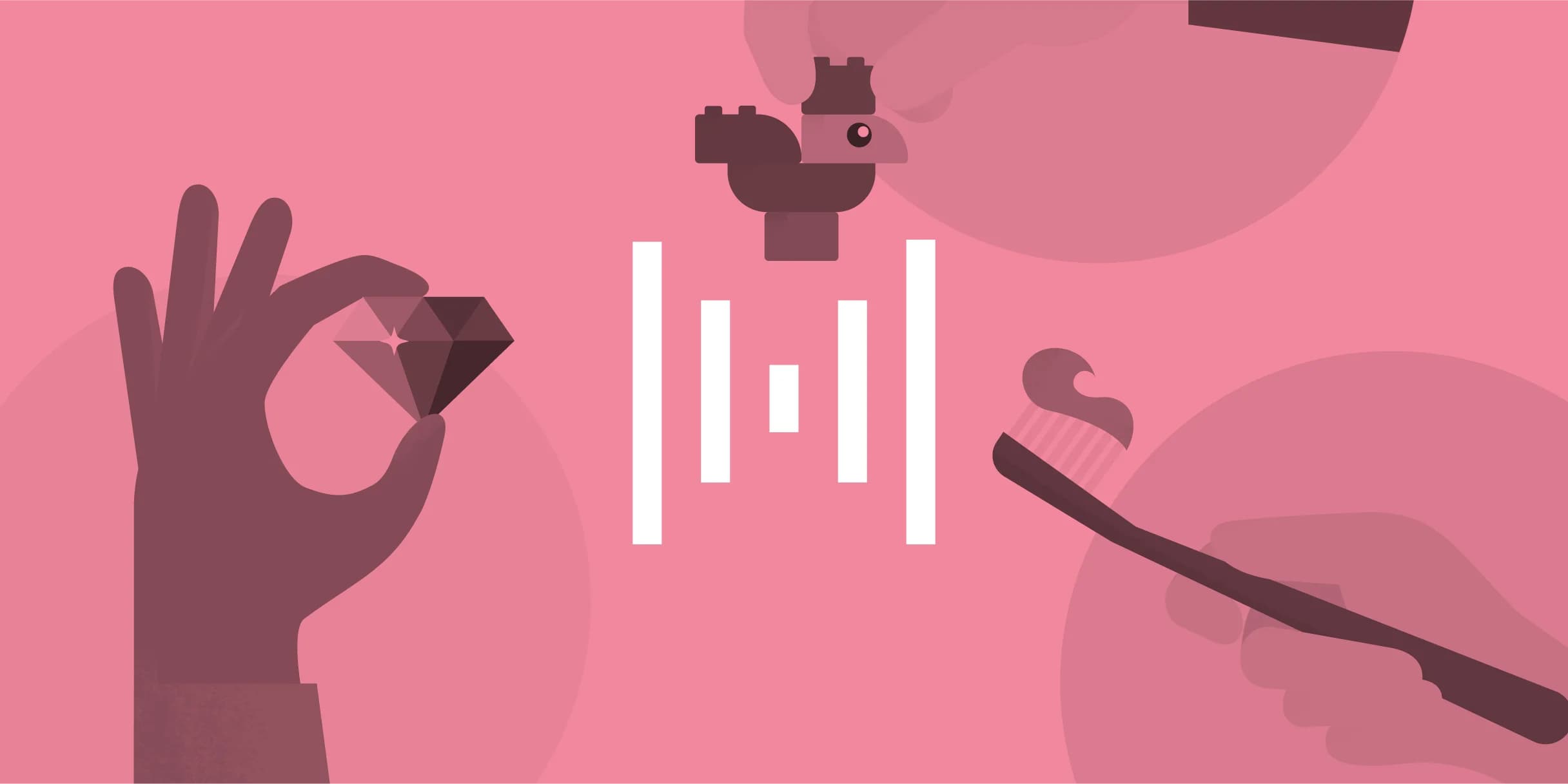 Hands interact with objects: a diamond, toy castle, and toothbrush, separated by vertical bars.