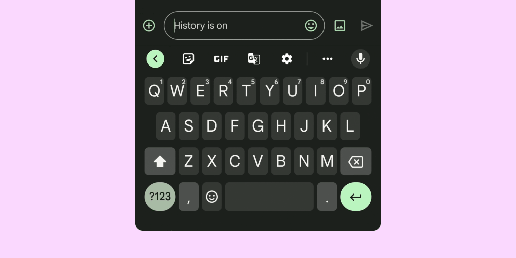 Close-up of a dark mode smartphone keyboard with the text field reading "History is on".