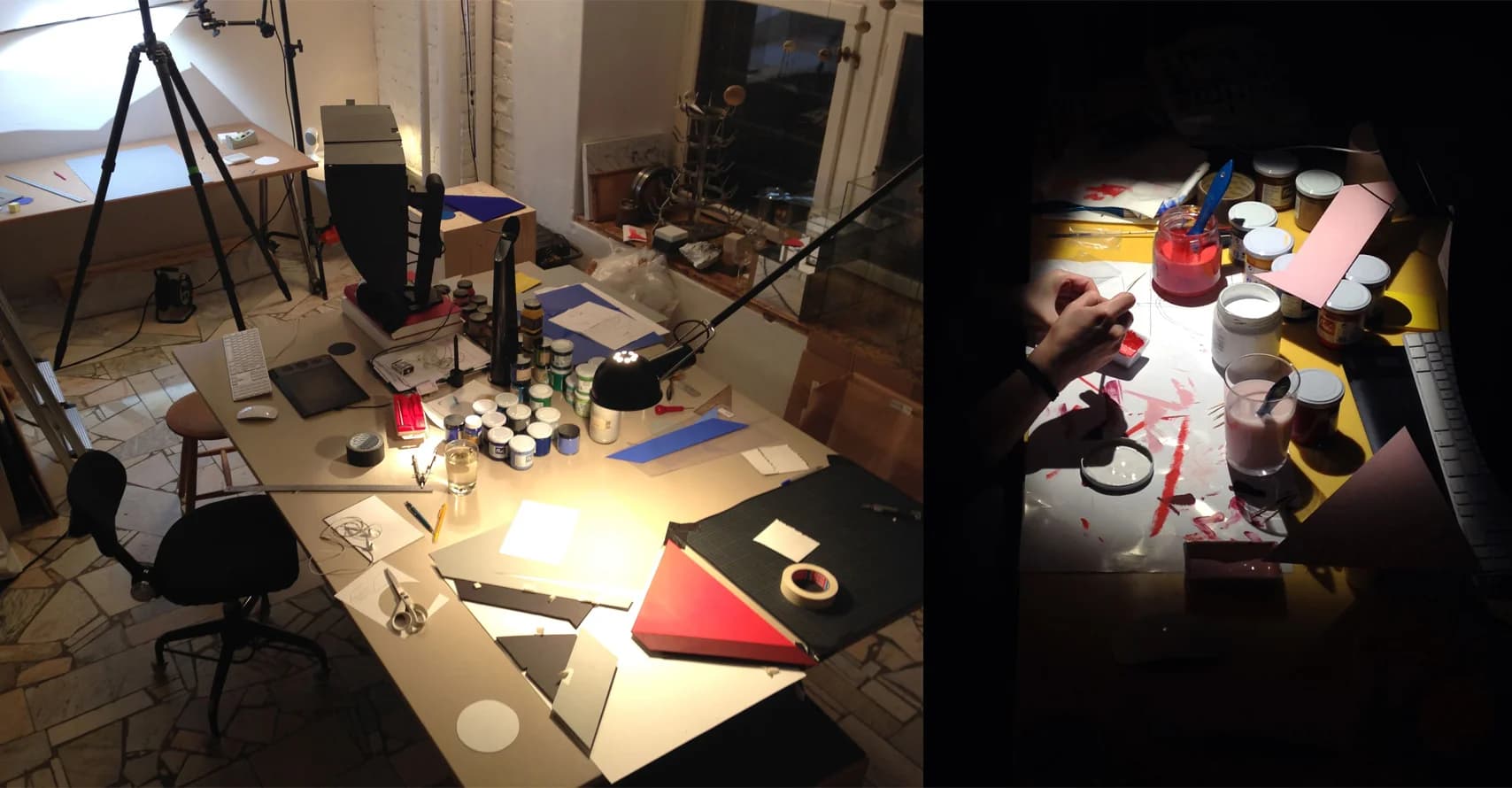 Two art studios, one light, one dark. The light studio shows paints, drafting tools, and cameras. The darker studio shows someone mixing paints on a messy tabletop.