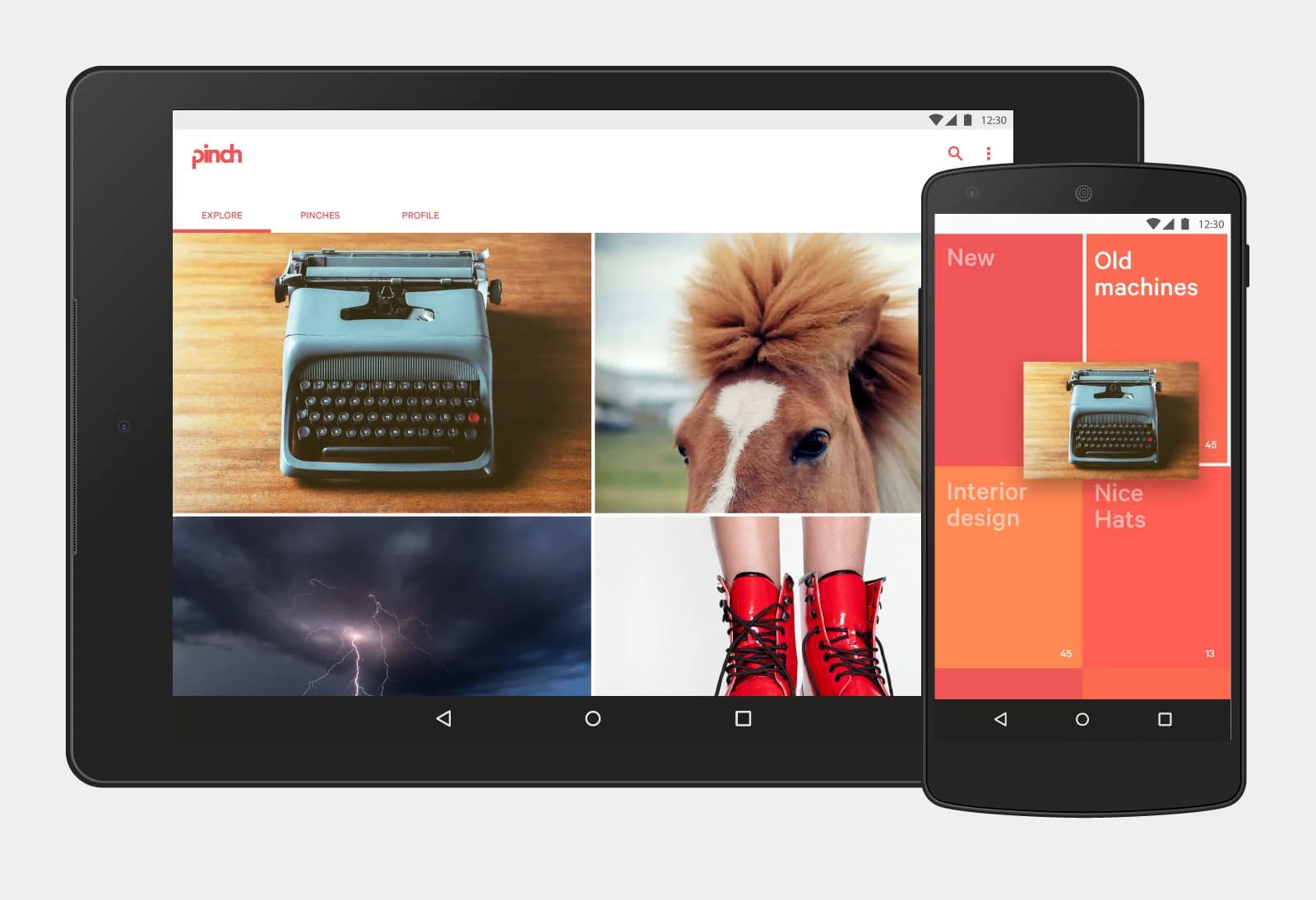 Mockup of Pinch app displaying images of a typewriter, pony, lightning storm, and red boots on a tablet and phone.