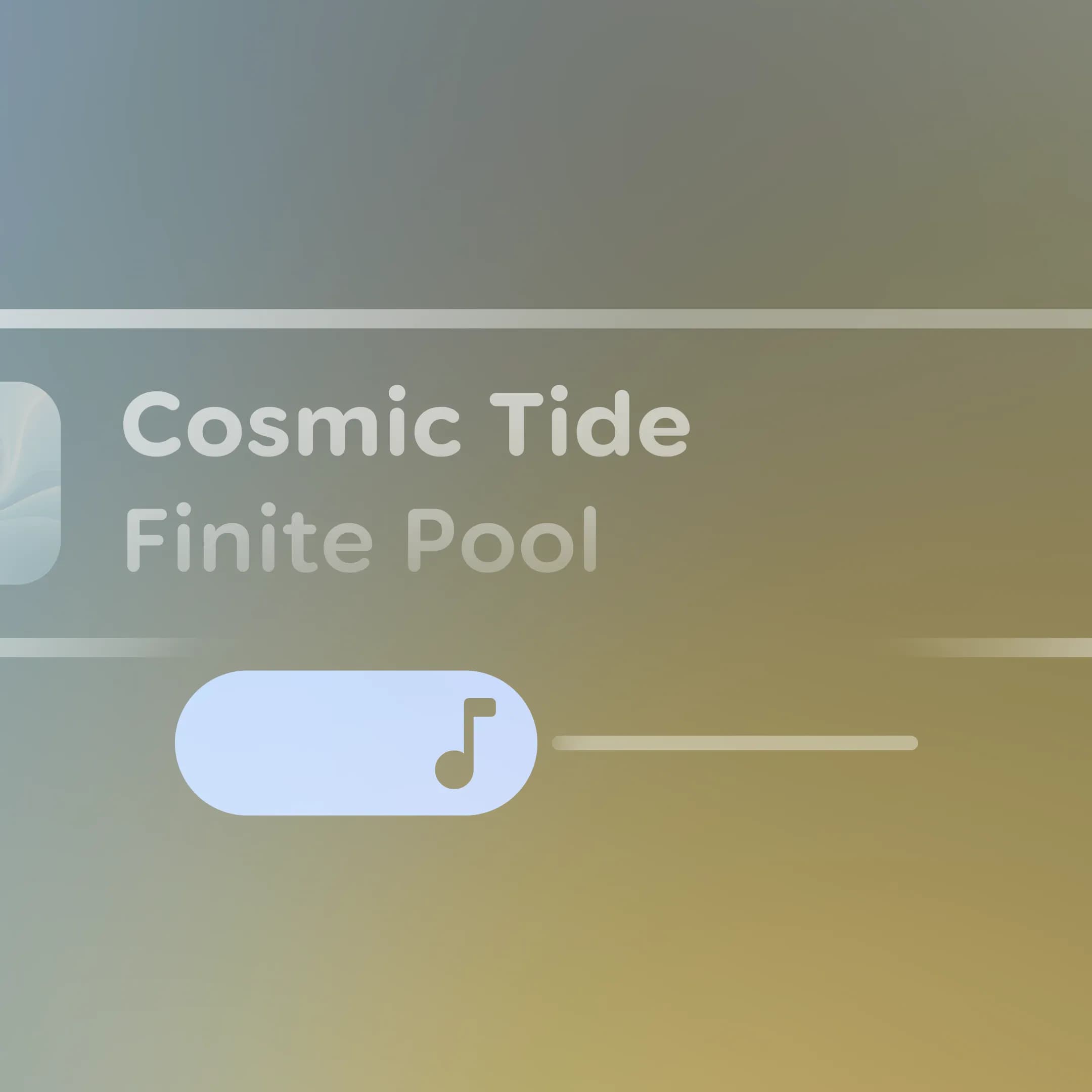 A close-up of a gold and gray glass UI showing a “Cosmic Tide” music player with a slider