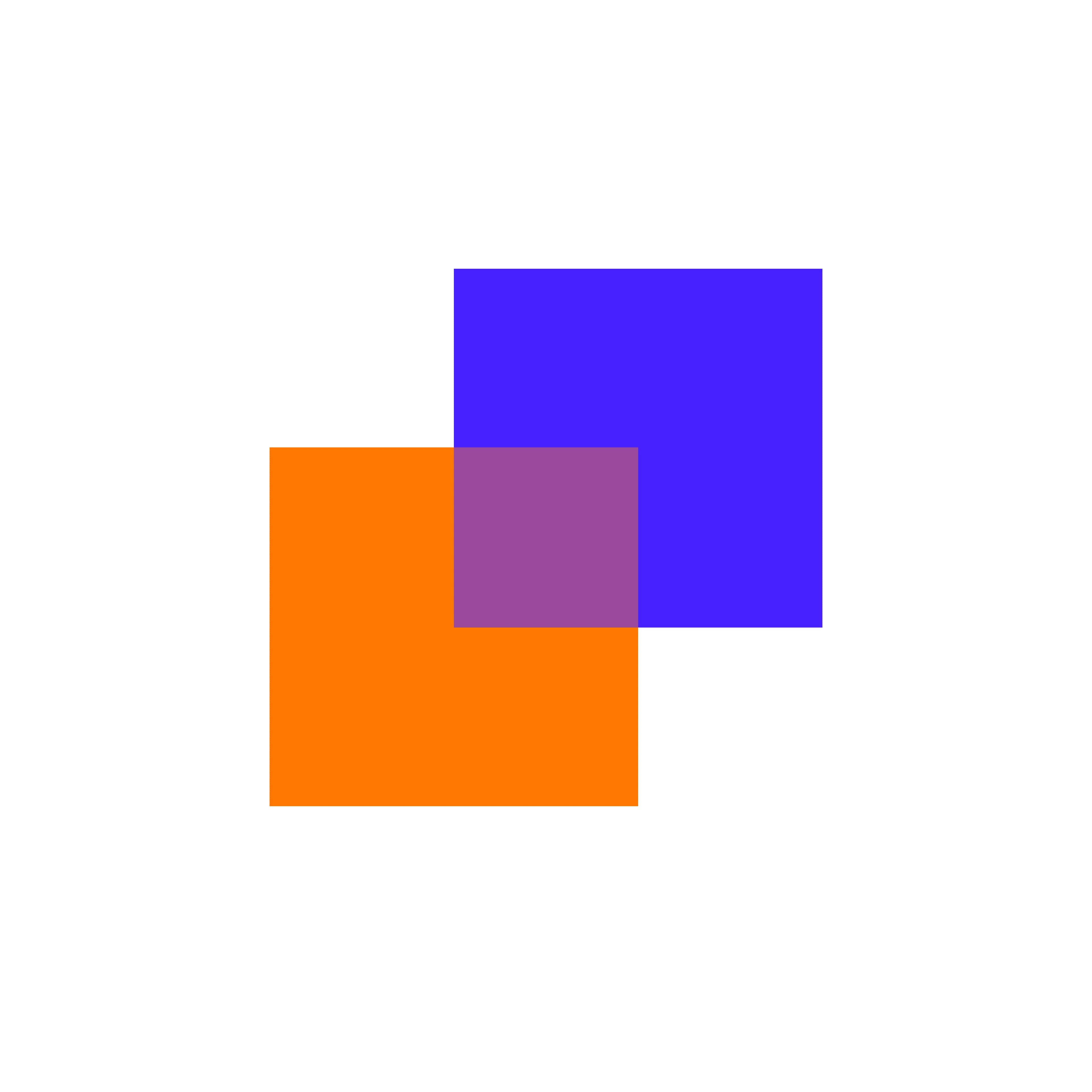 Orange square and a blue square overlap to make a purple square.