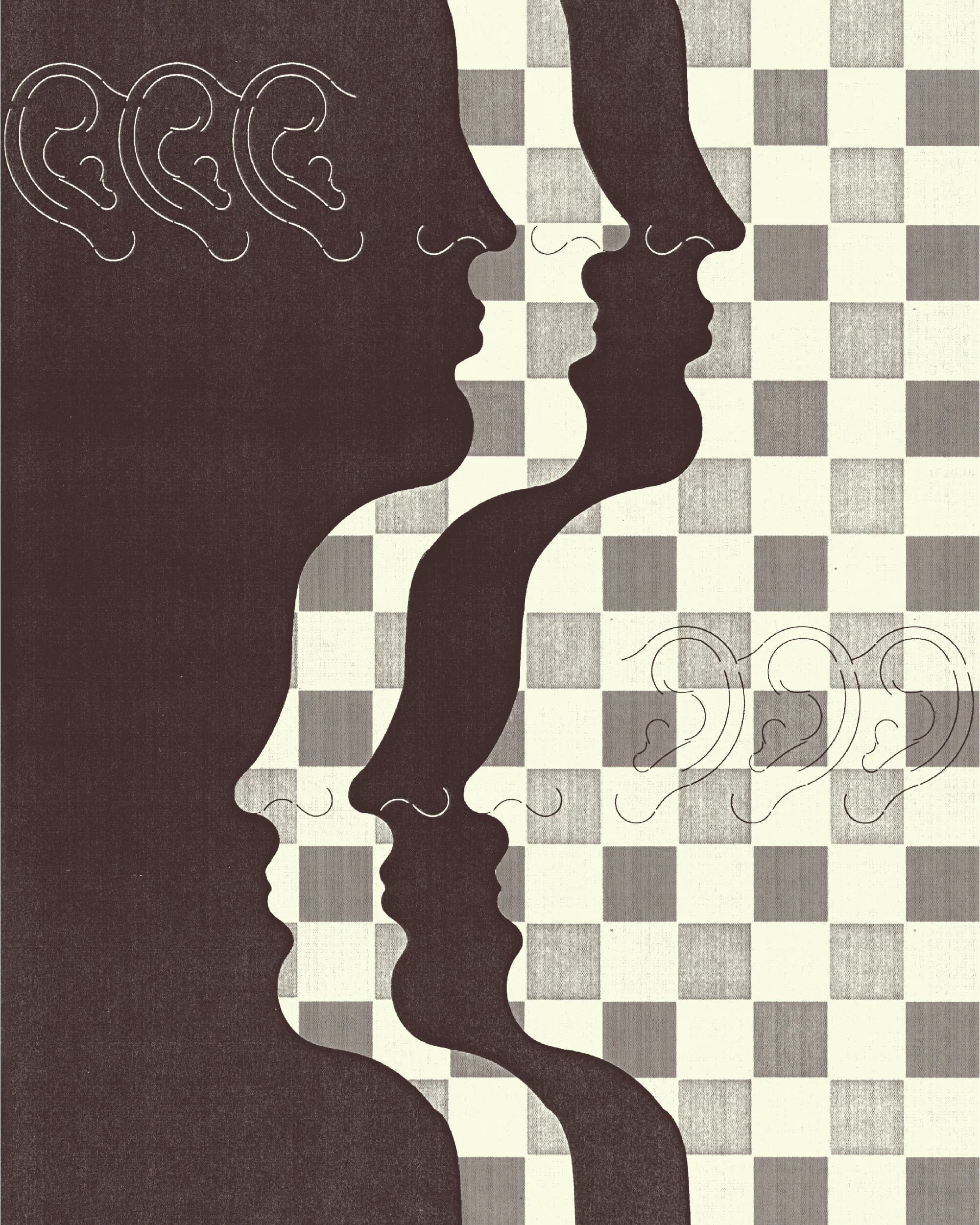 Silhouetted profiles face each other across a checkered background.