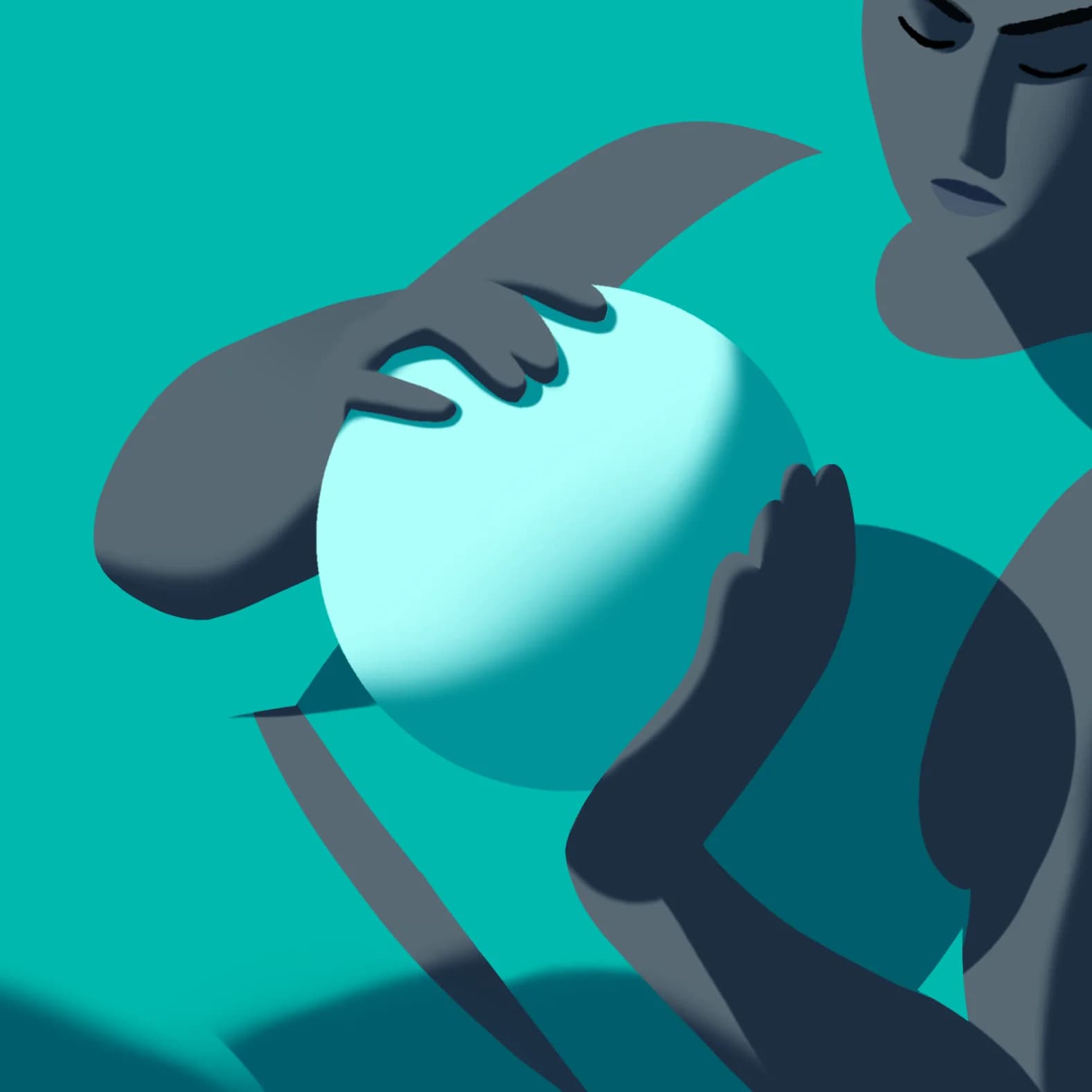 Gloomy figure cradles glowing orb. Teal background. Gray, rounded limbs. Simple face.