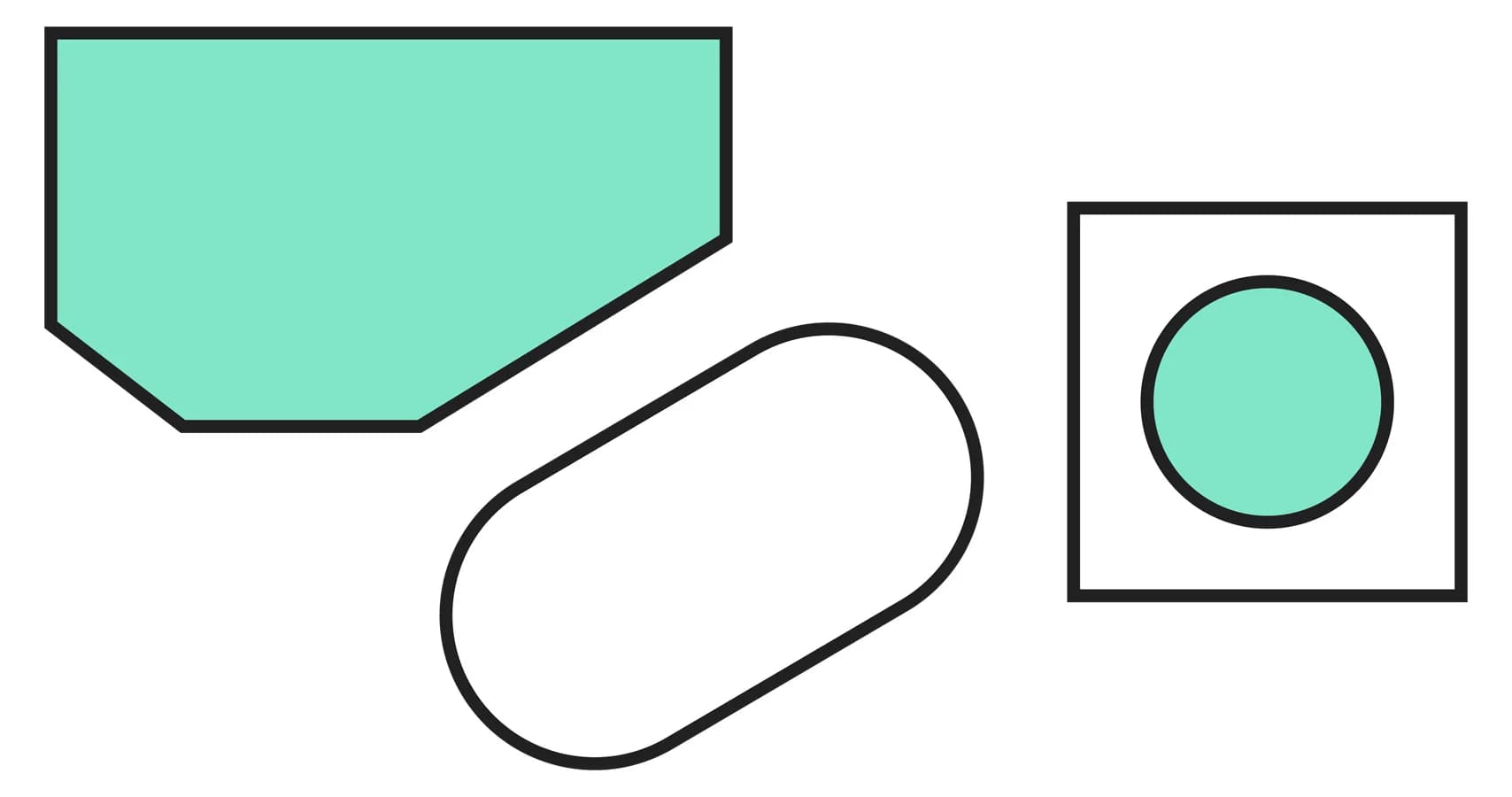Three simple geometric shapes. A light green home plate, a rounded oblong, and a light green circle within a square.