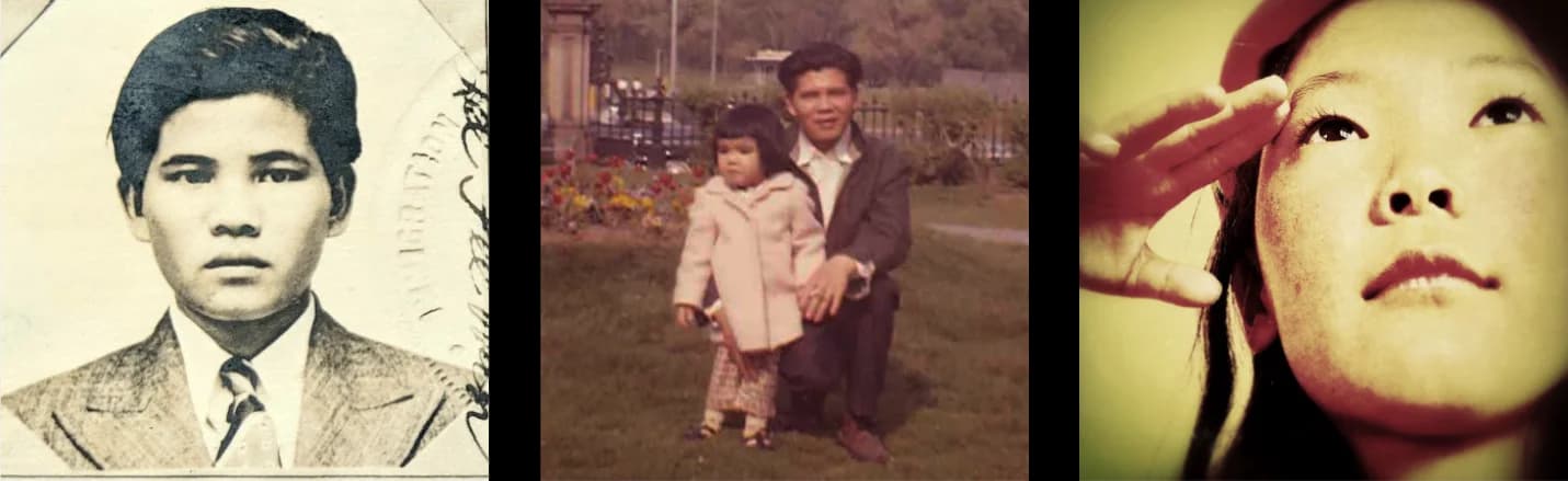 Three photos show a family across generations: a black and white portrait of a young man; a man and young girl in a garden; and a woman's face, close up.