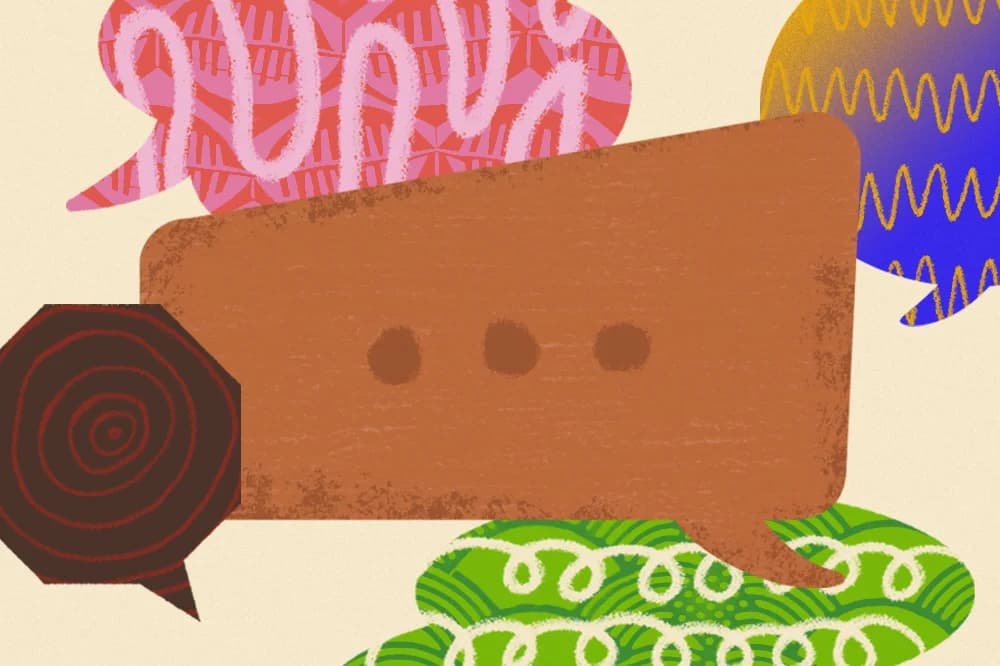 Colorful, textured speech bubbles overlap, suggesting a lively, ongoing conversation.