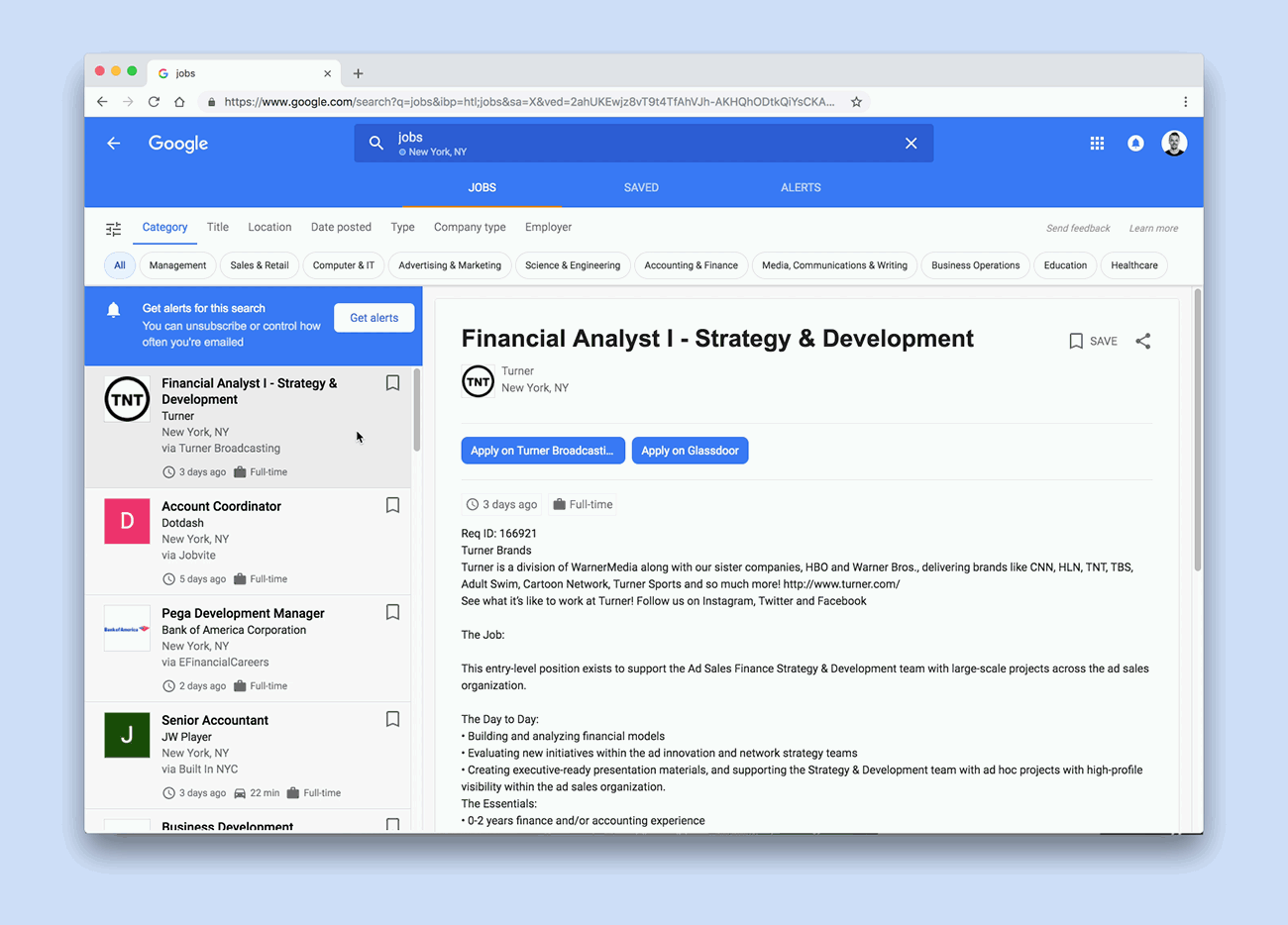 Google Jobs search results for "Financial Analyst" in New York City.