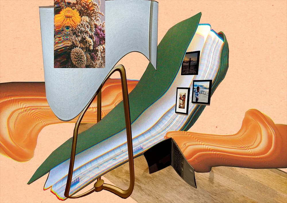 Surreal collage of photos, flowers, and a book.