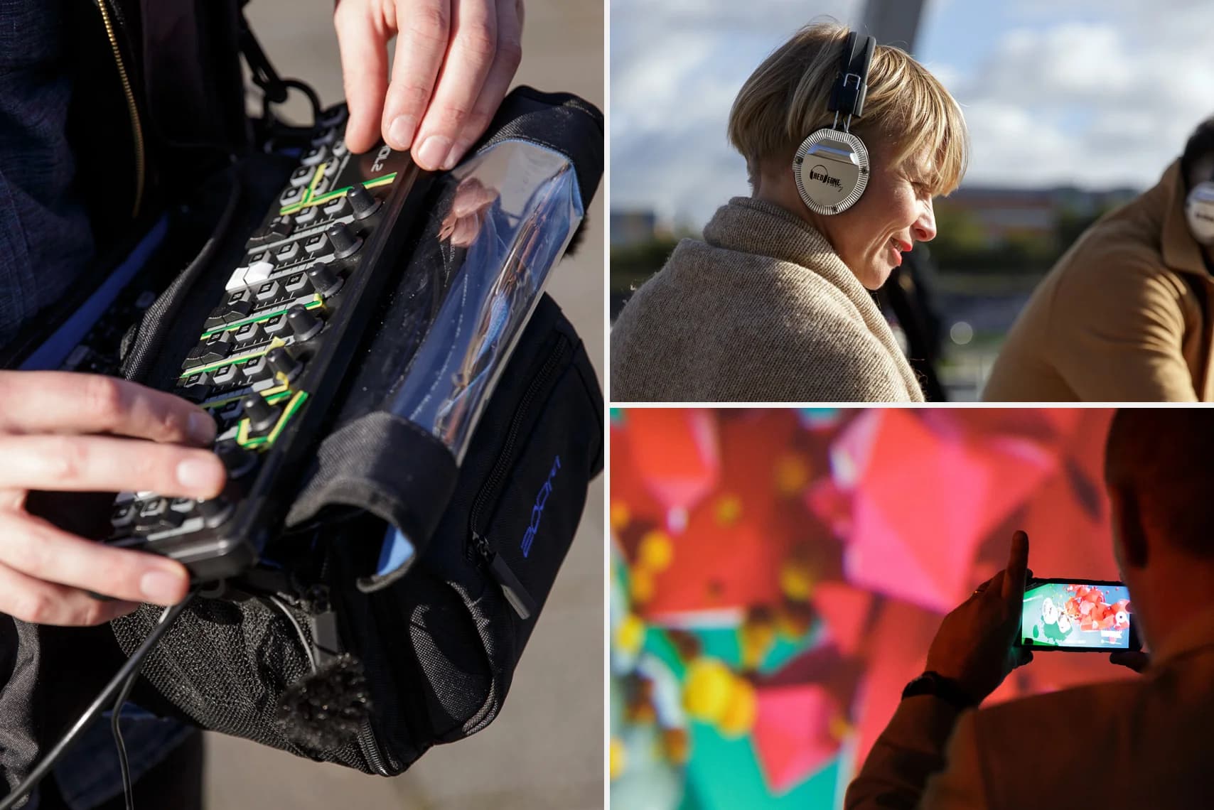 A sound engineer adjusts levels on a field recorder. Two people with headphones listen intently. A phone displays colorful, abstract art.