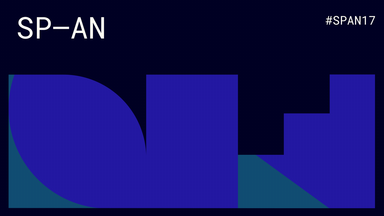 SP-AN conference logo. Abstract dark blue shapes: a partial circle, rectangle, and stairs against a dark background.