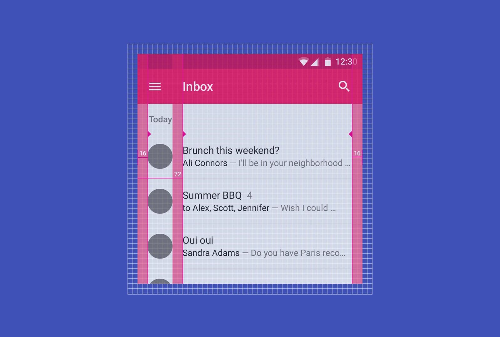 Phone displays an inbox with three message previews. Consistent spacing and keylines organize the elements. Pink and gray accents add visual interest.